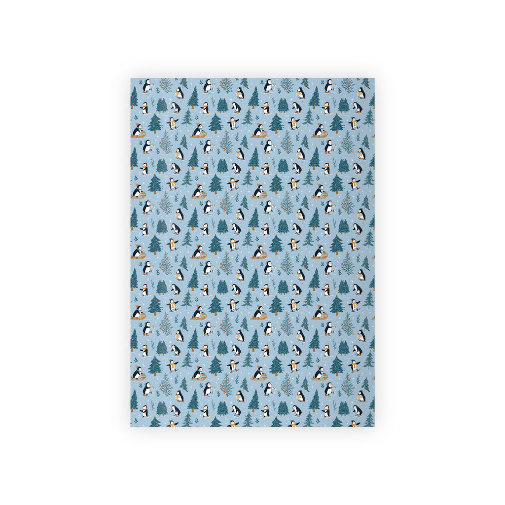 Winter Penguin Gift Wrap Roll — Blue Holiday Wrapping Paper with Penguins & Pine Trees