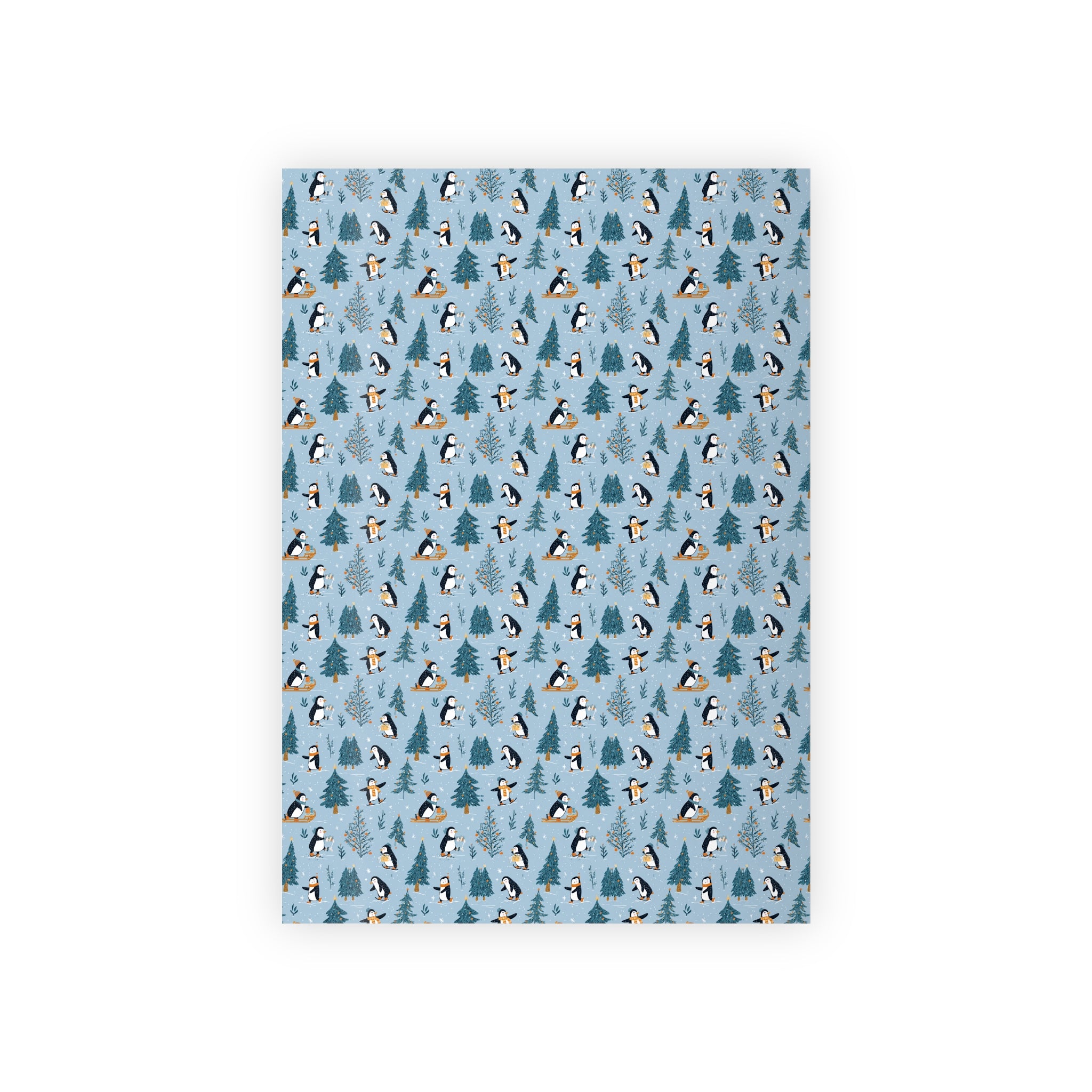 Winter Penguin Gift Wrap Roll — Blue Holiday Wrapping Paper with Penguins & Pine Trees
