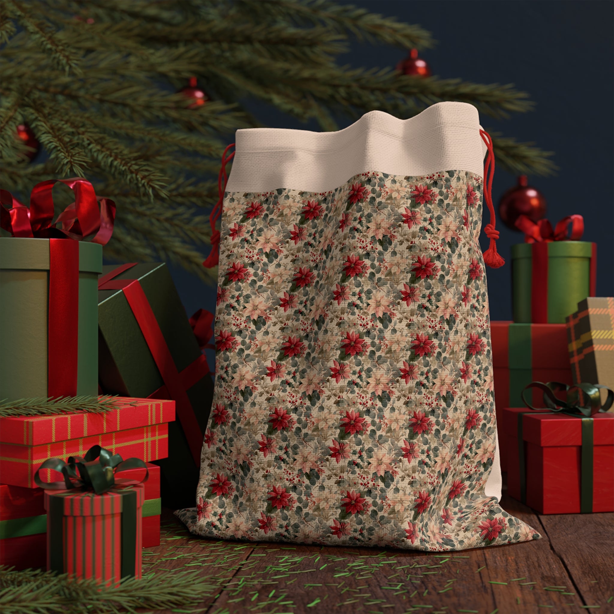 Floral Poinsettia Drawstring Gift Bag — Vintage Holiday Gift Sack
