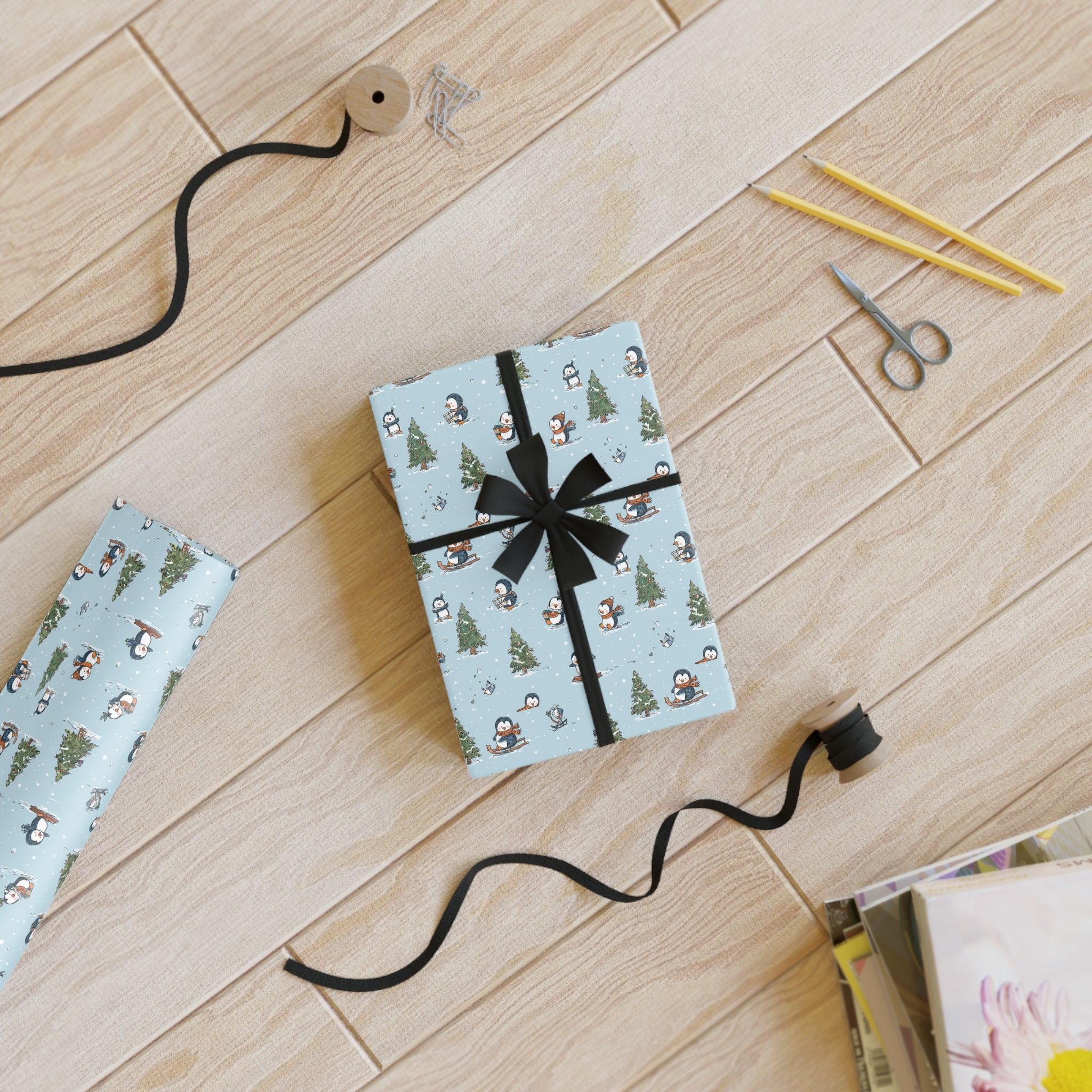 Winter Penguins & Trees Wrapping Paper Roll — Festive Light Blue Christmas Gift Wrap