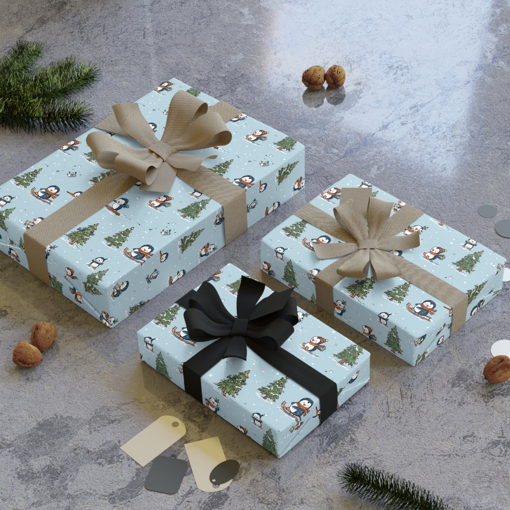Winter Penguins & Trees Wrapping Paper Roll — Festive Light Blue Christmas Gift Wrap