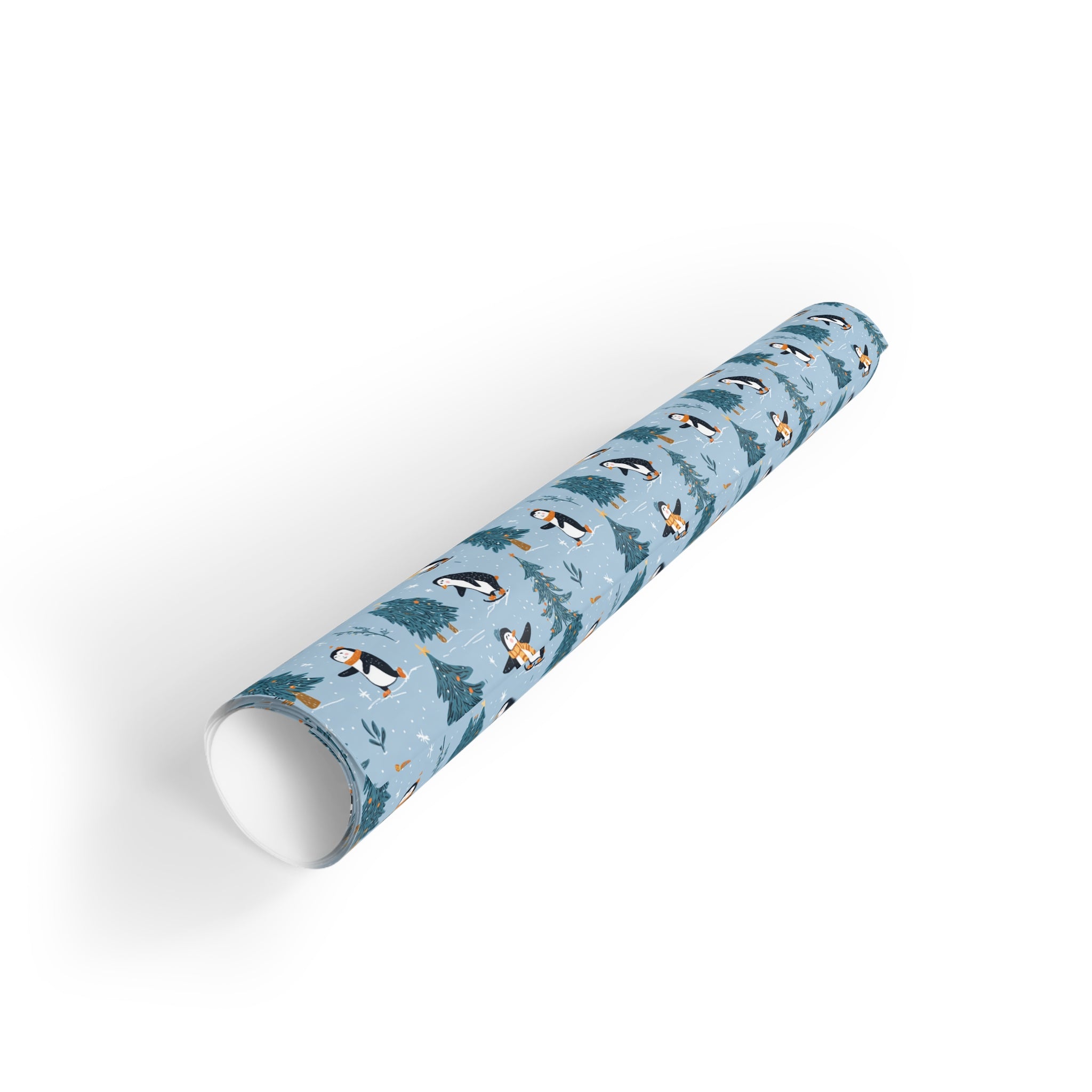 Winter Penguin Gift Wrap Roll — Blue Holiday Wrapping Paper with Penguins & Pine Trees