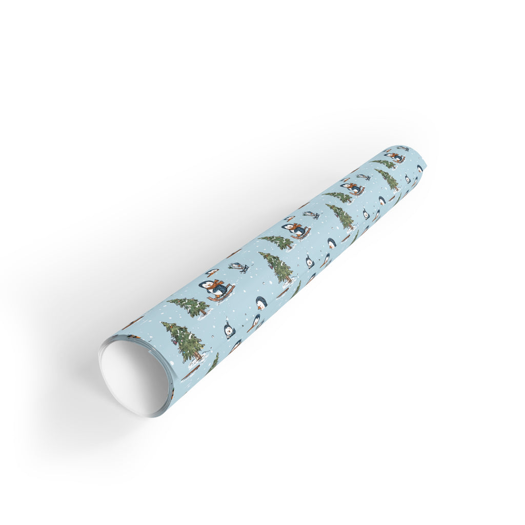 Winter Penguins & Trees Wrapping Paper Roll — Festive Light Blue Christmas Gift Wrap
