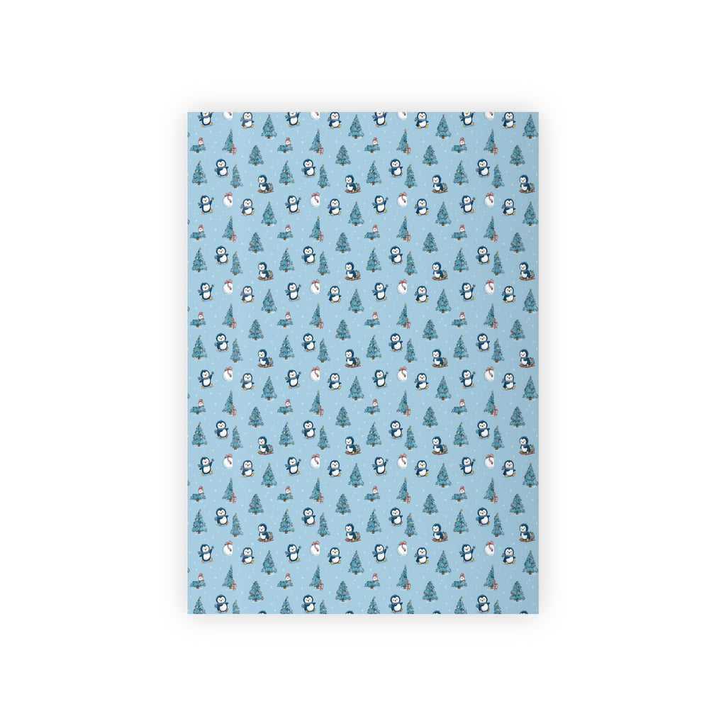Penguin & Pine Tree Wrapping Paper Roll — Blue Holiday Gift Wrap