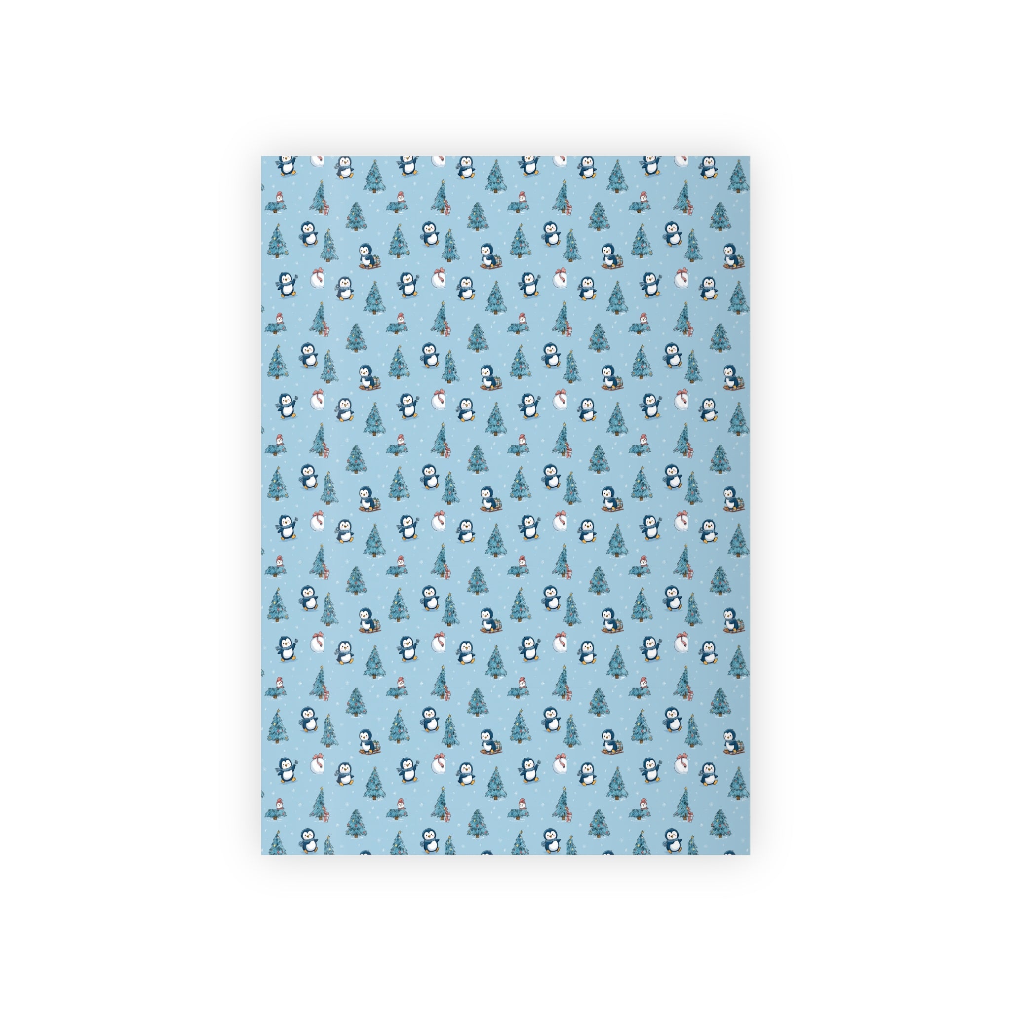Penguin & Pine Tree Wrapping Paper Roll — Blue Holiday Gift Wrap
