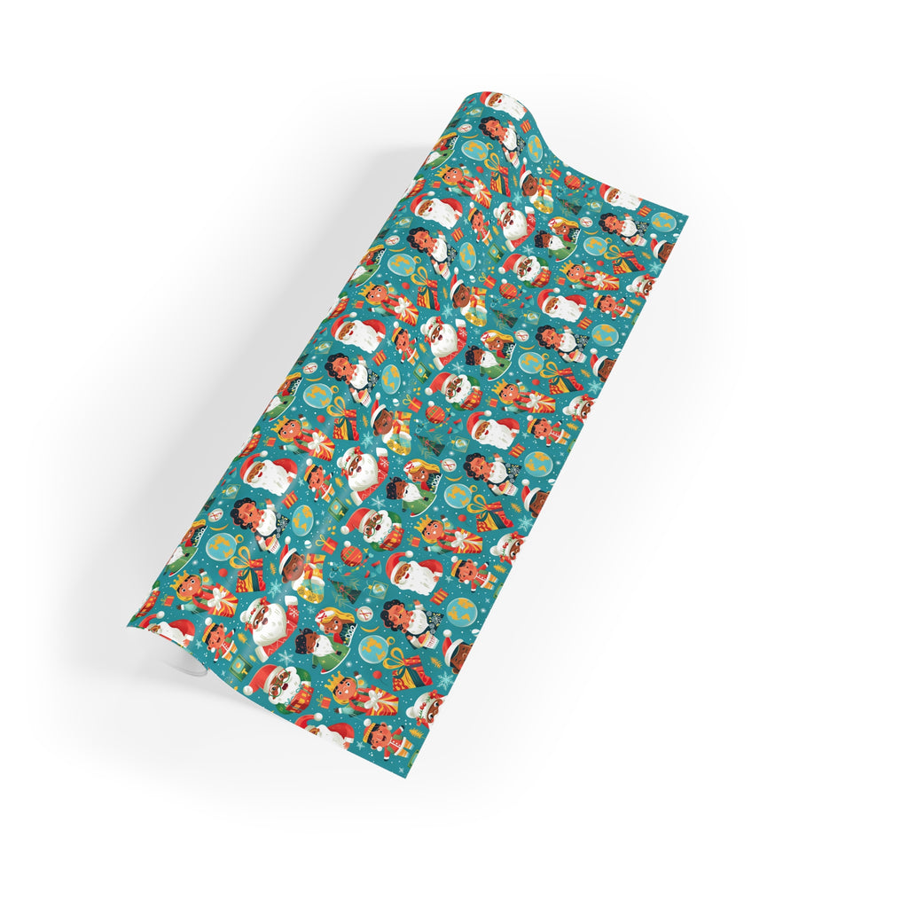 Christmas Santa & Elf Wrapping Paper Roll — Festive Teal Holiday Gift Wrap