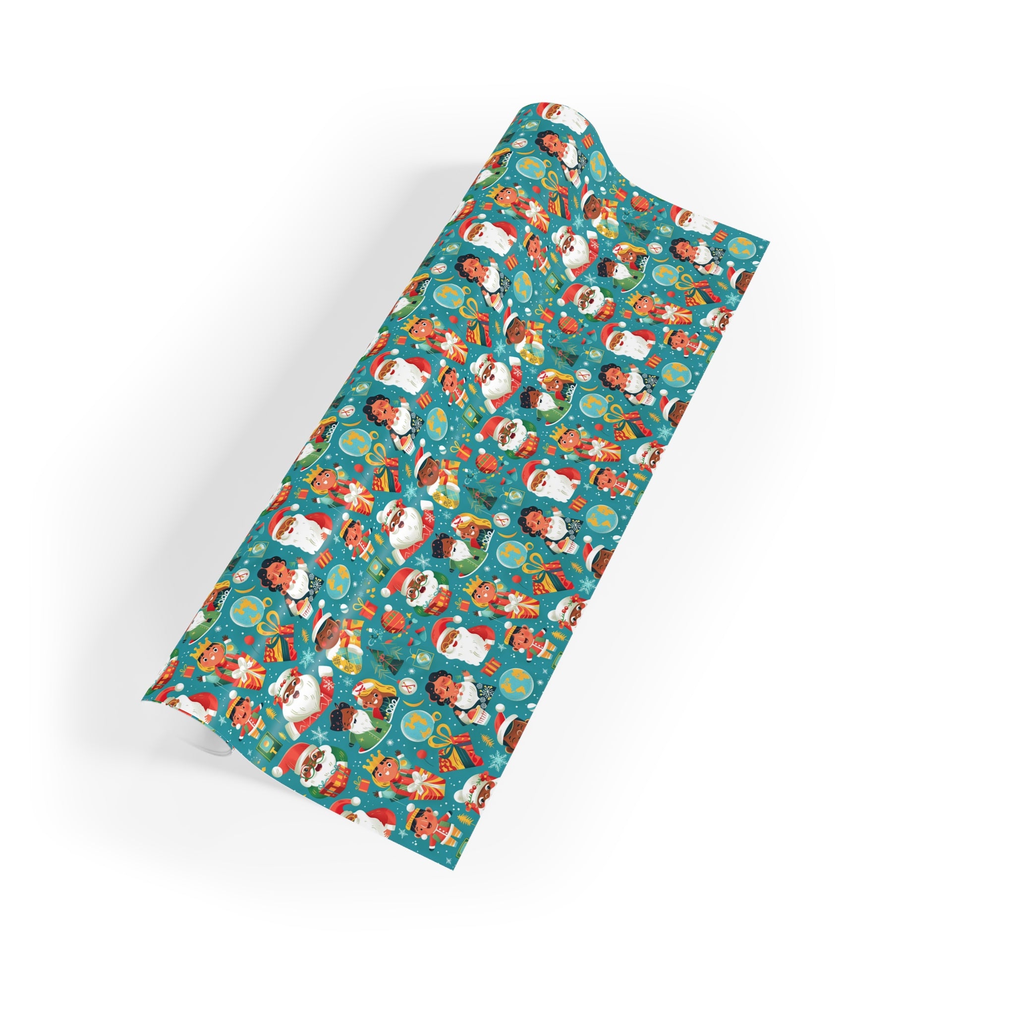 Christmas Santa & Elf Wrapping Paper Roll — Festive Teal Holiday Gift Wrap