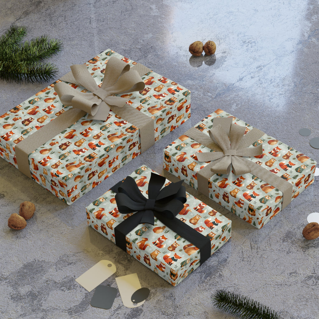 Autumn Woodland Gift Wrap Roll — Cozy Fox & Leaf Pattern