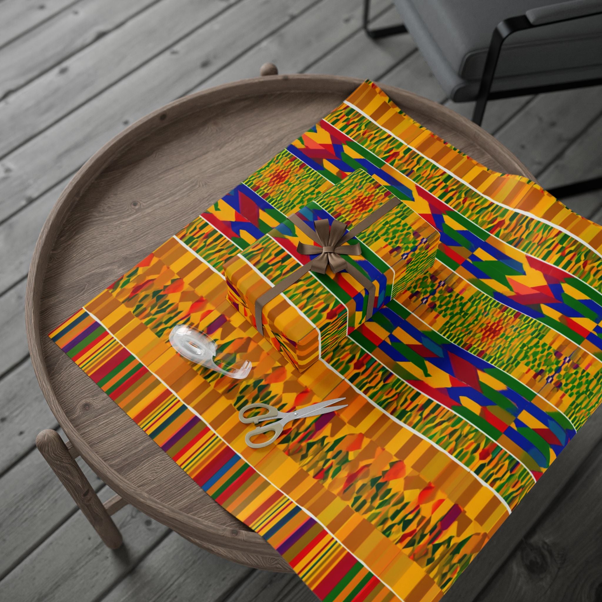 Kente-Inspired African Pattern Wrapping Paper Roll — Vibrant Gold & Multicolor Gift Wrap