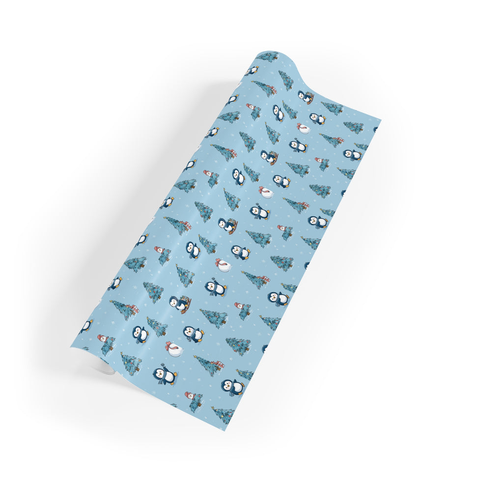 Penguin & Pine Tree Wrapping Paper Roll — Blue Holiday Gift Wrap