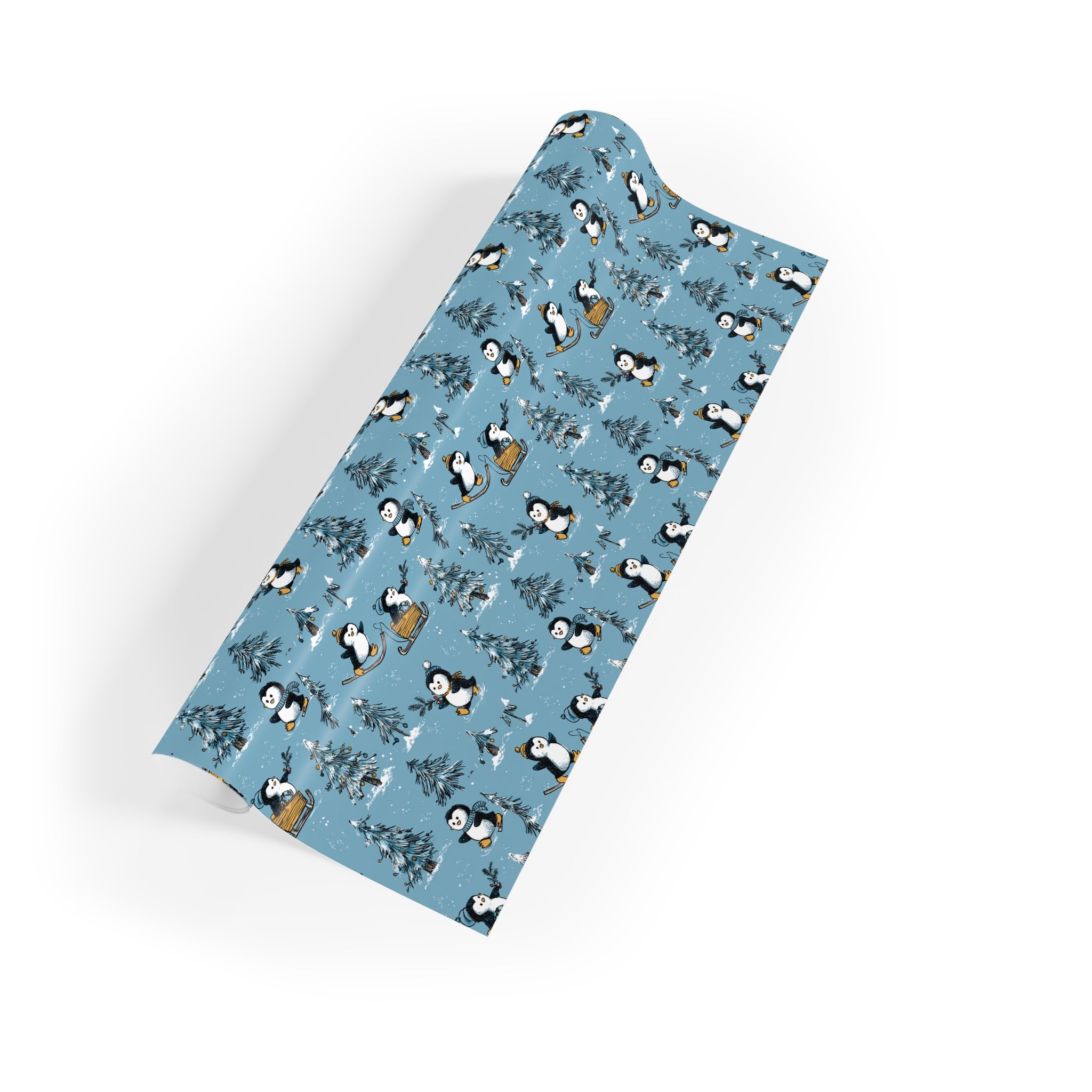 Penguin Pattern Wrapping Paper Roll — Blue Holiday Gift Wrap for Christmas & Winter Celebrations