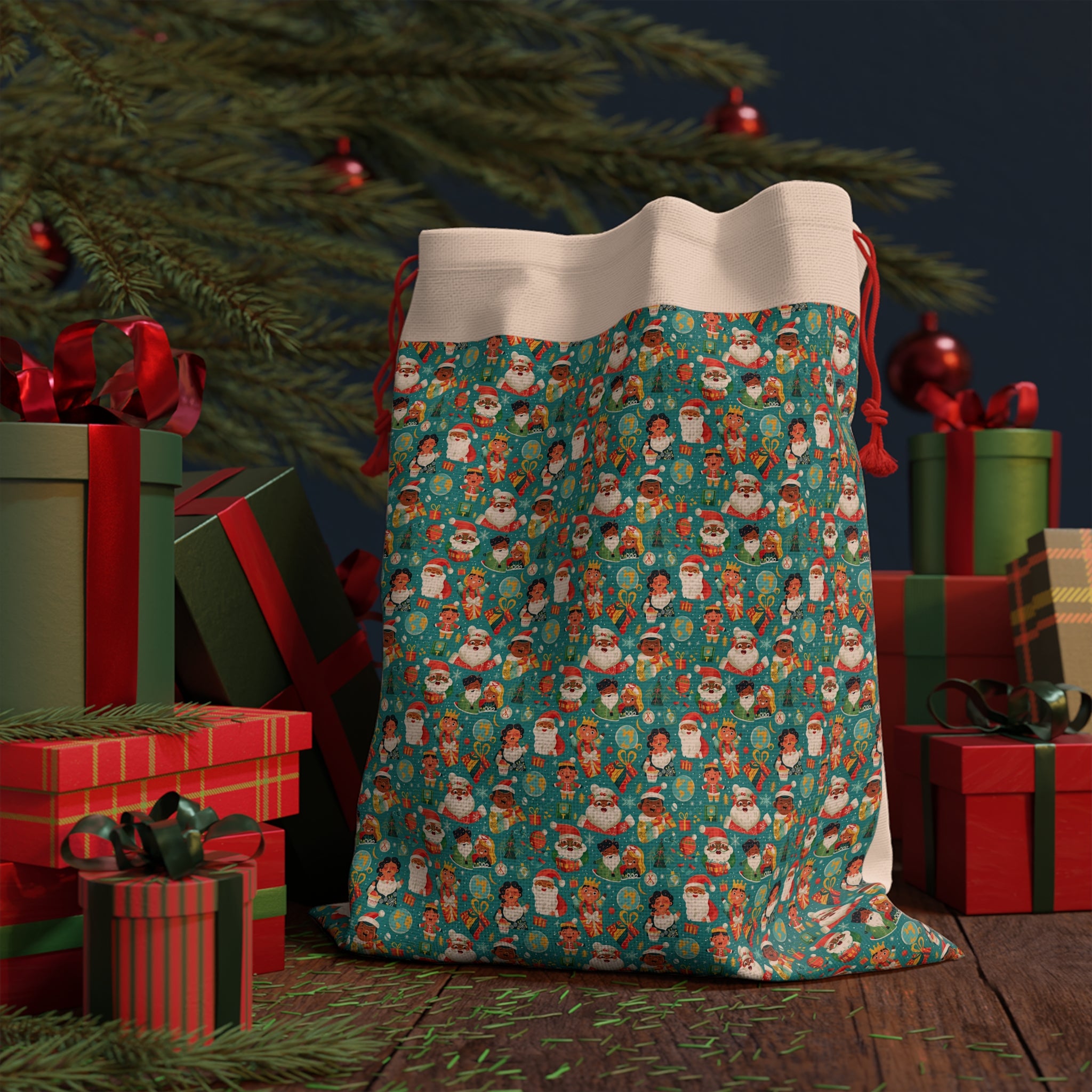 Christmas Santa & Snowman Drawstring Gift Bag — Holiday Party Favor Pouch