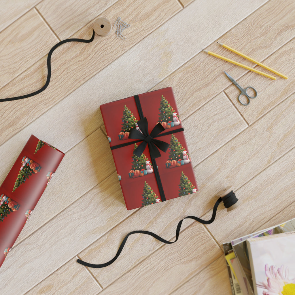 Christmas Tree Red Gift Wrap Roll — Holiday Wrapping Paper with Ornaments