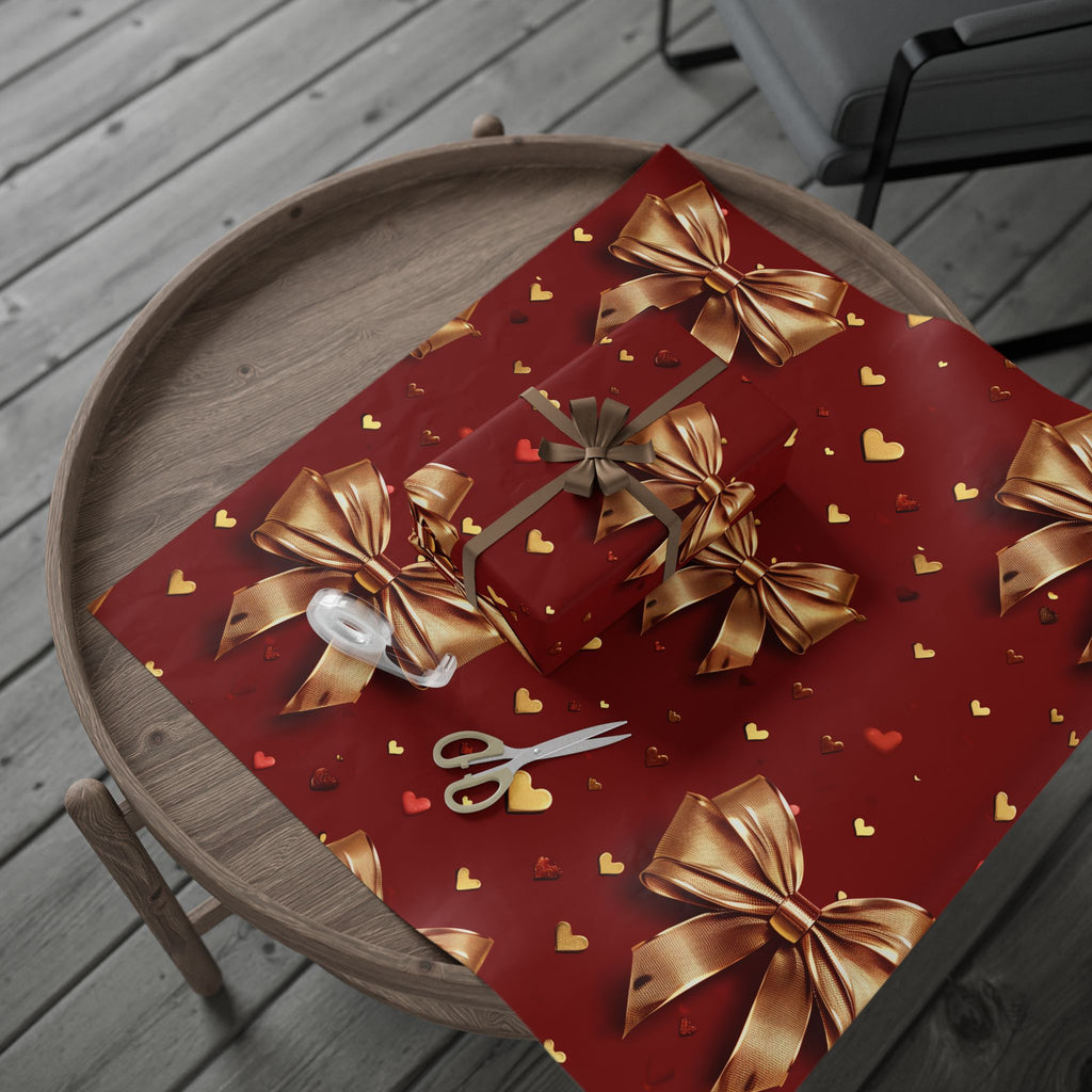 Red Gold Bow Wrapping Paper – Heart Pattern Holiday Gift Wrap
