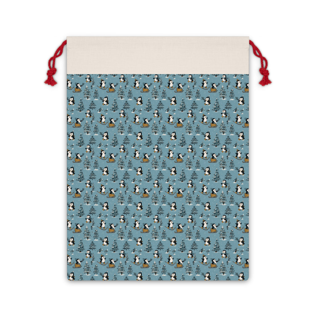 Penguin Pattern Drawstring Gift Bag — Holiday Winter Gift Sack