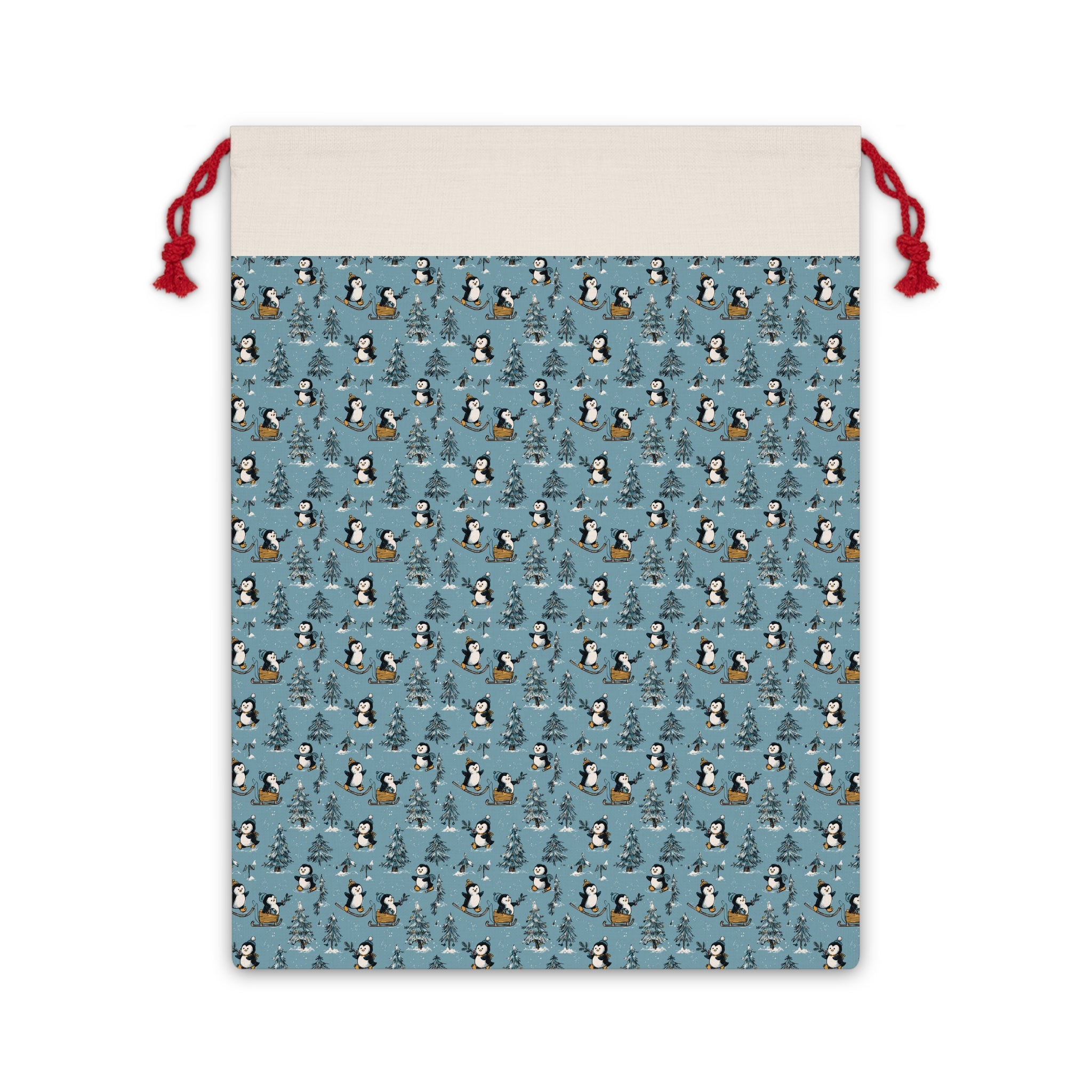 Penguin Pattern Drawstring Gift Bag — Holiday Winter Gift Sack