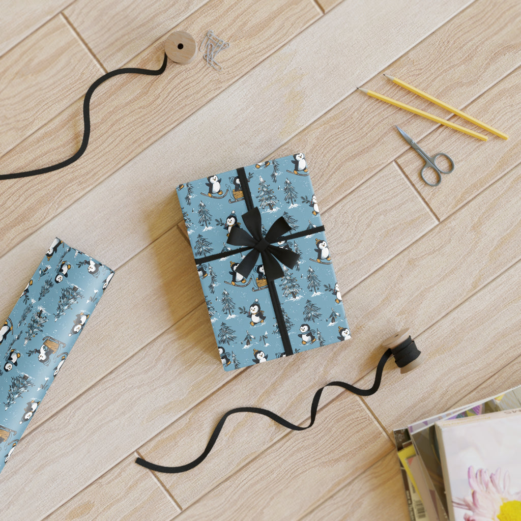 Penguin Pattern Wrapping Paper Roll — Blue Holiday Gift Wrap for Christmas & Winter Celebrations