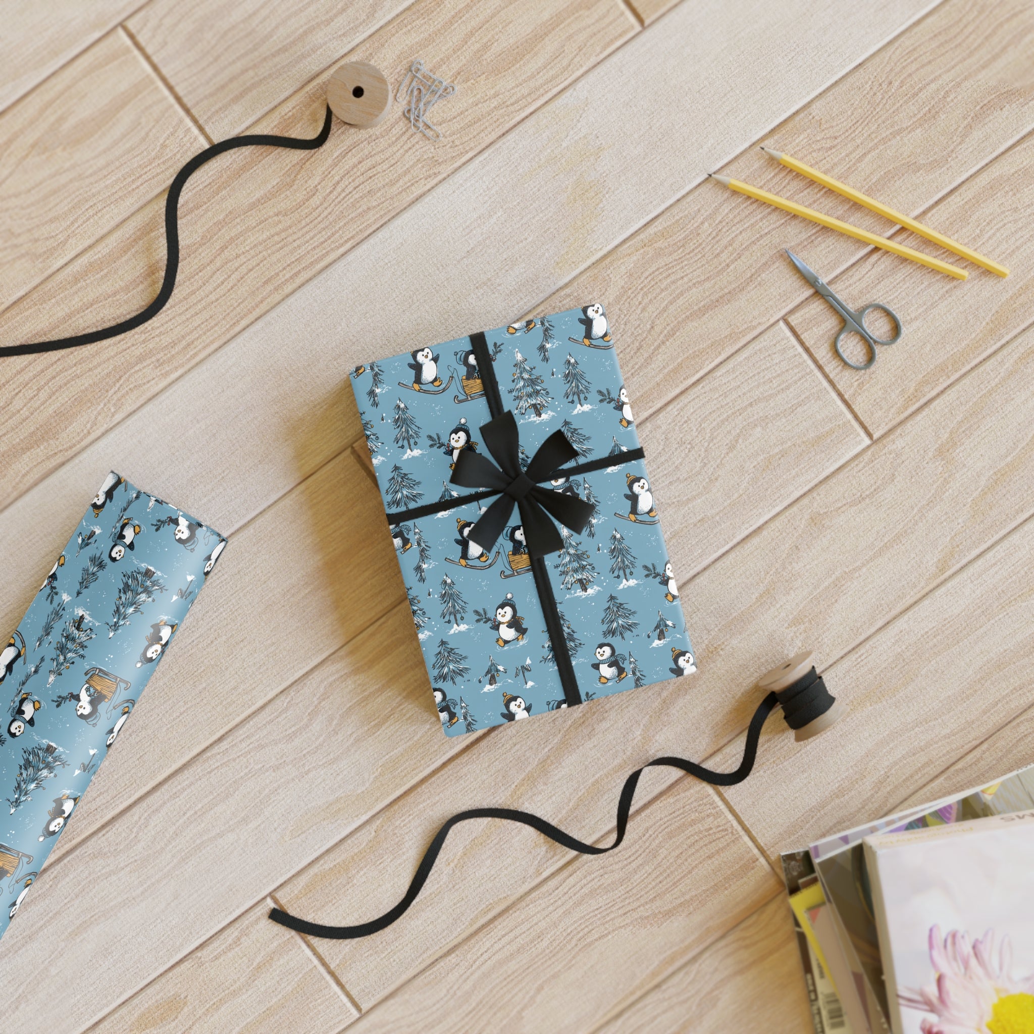 Penguin Pattern Wrapping Paper Roll — Blue Holiday Gift Wrap for Christmas & Winter Celebrations