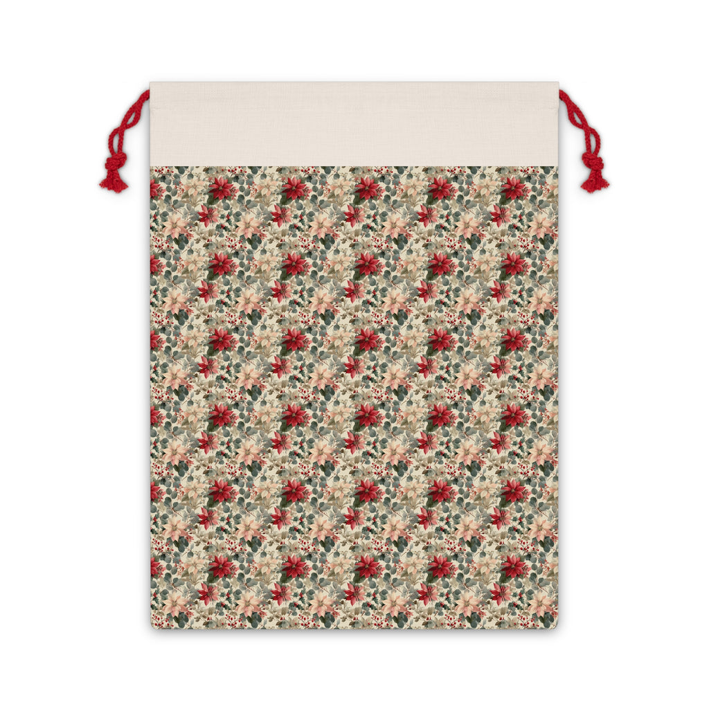 Floral Poinsettia Drawstring Gift Bag — Vintage Holiday Gift Sack