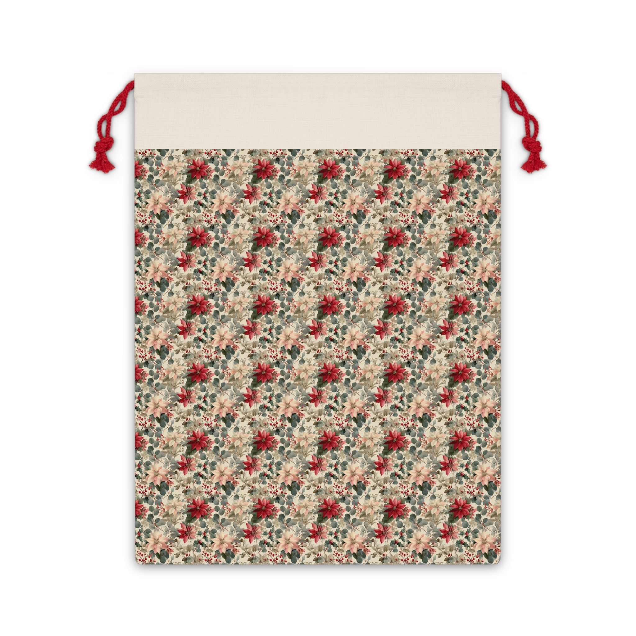 Floral Poinsettia Drawstring Gift Bag — Vintage Holiday Gift Sack