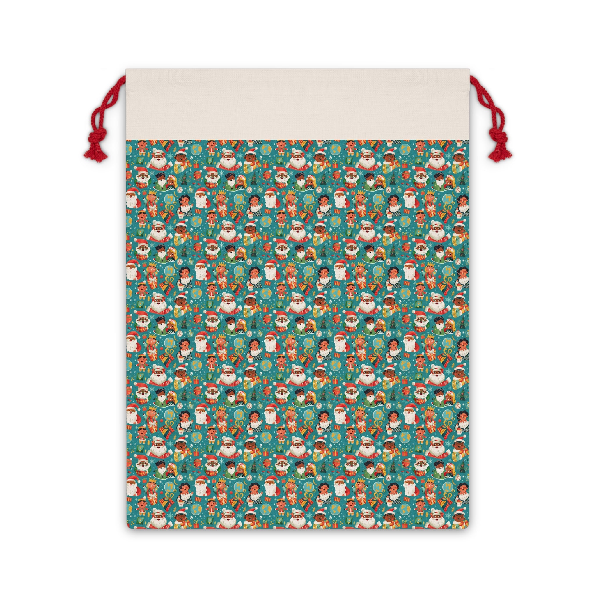 Christmas Santa & Snowman Drawstring Gift Bag — Holiday Party Favor Pouch