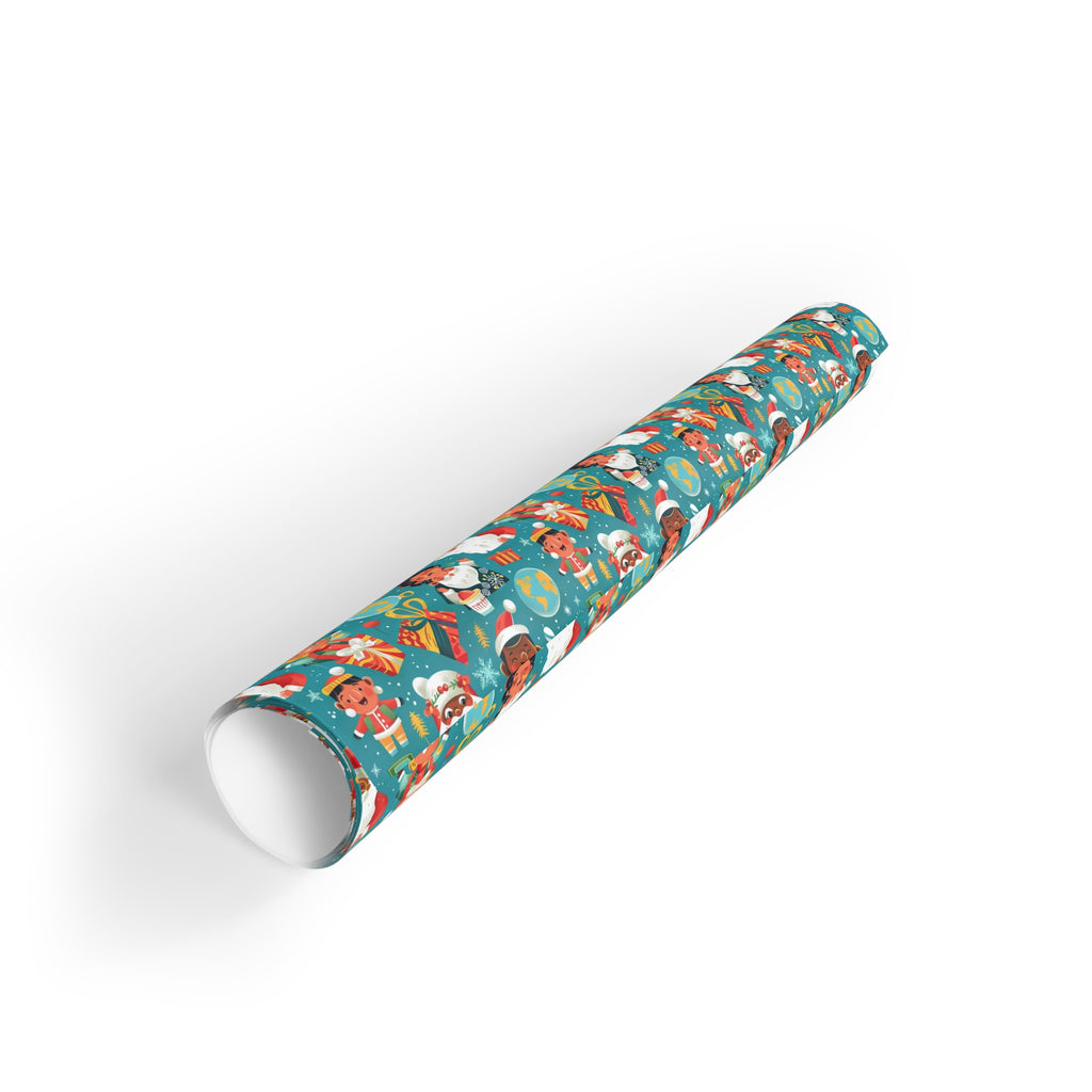 Christmas Santa & Elf Wrapping Paper Roll — Festive Teal Holiday Gift Wrap