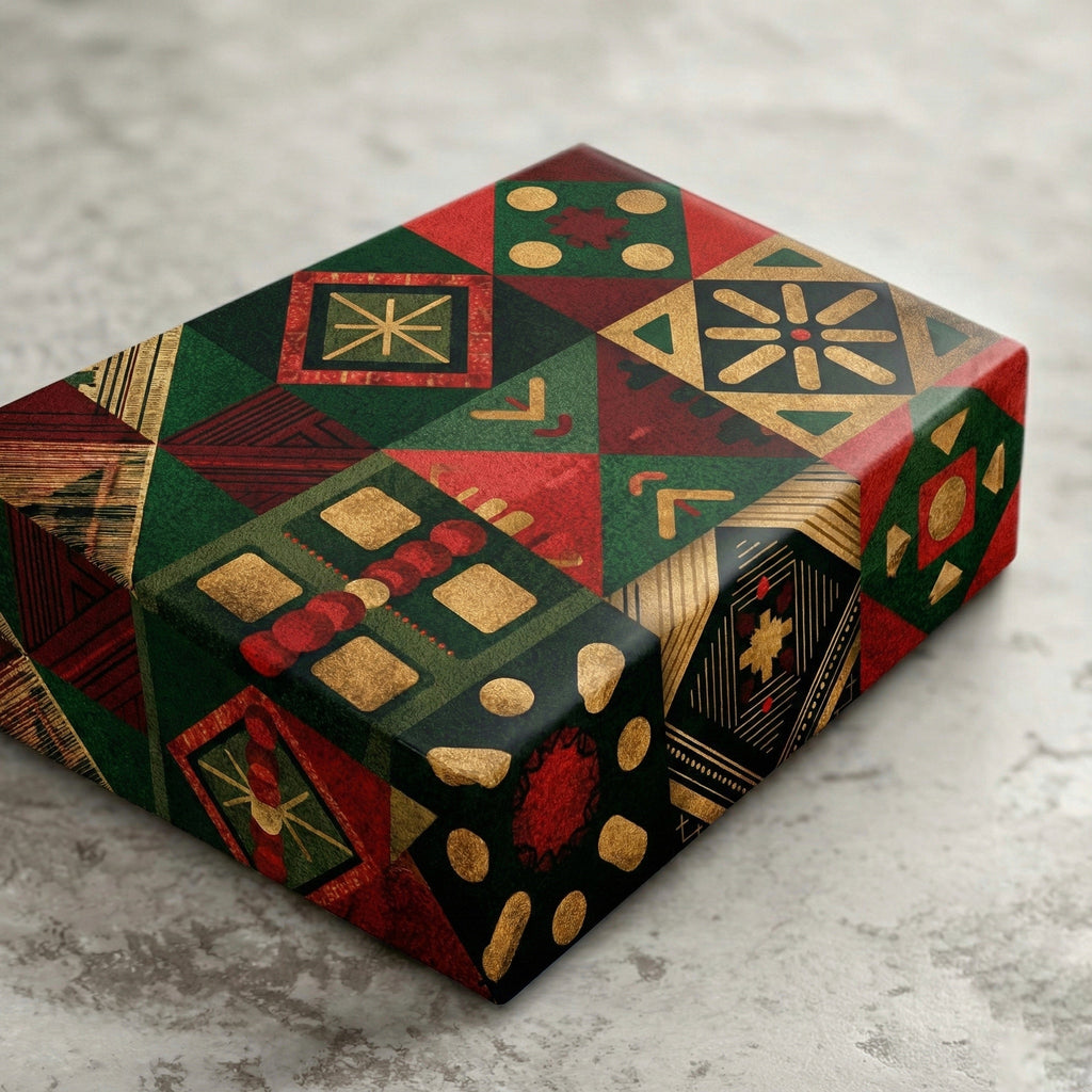 African-Inspired Christmas Wrapping Paper — Red Green Gold Geometric Holiday Sheets