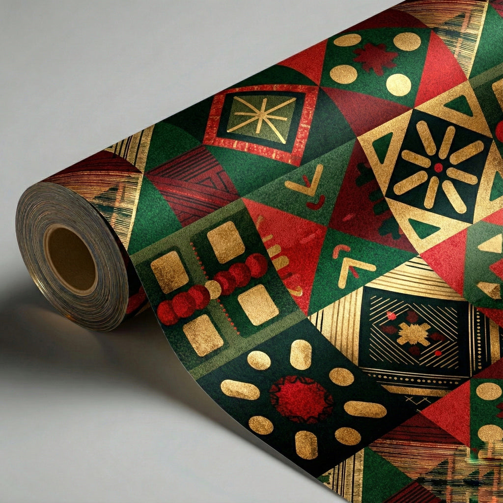 African-Inspired Christmas Wrapping Paper — Red Green Gold Geometric Holiday Sheets