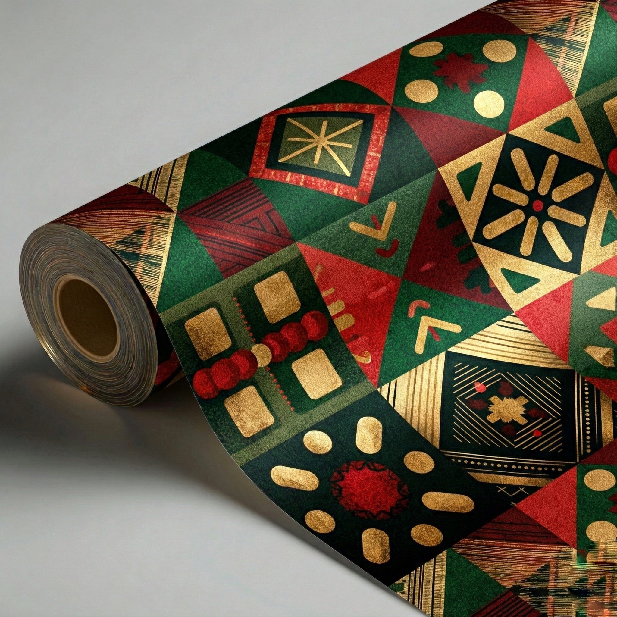 African-Inspired Christmas Wrapping Paper — Red Green Gold Geometric Holiday Sheets