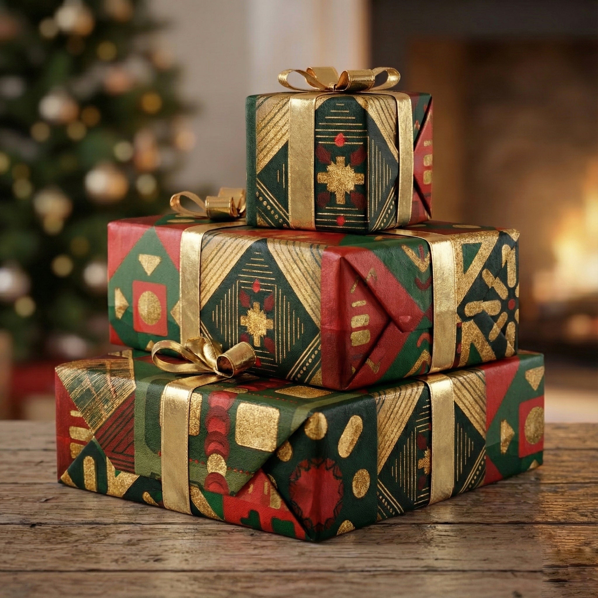 African-Inspired Christmas Wrapping Paper — Red Green Gold Geometric Holiday Sheets