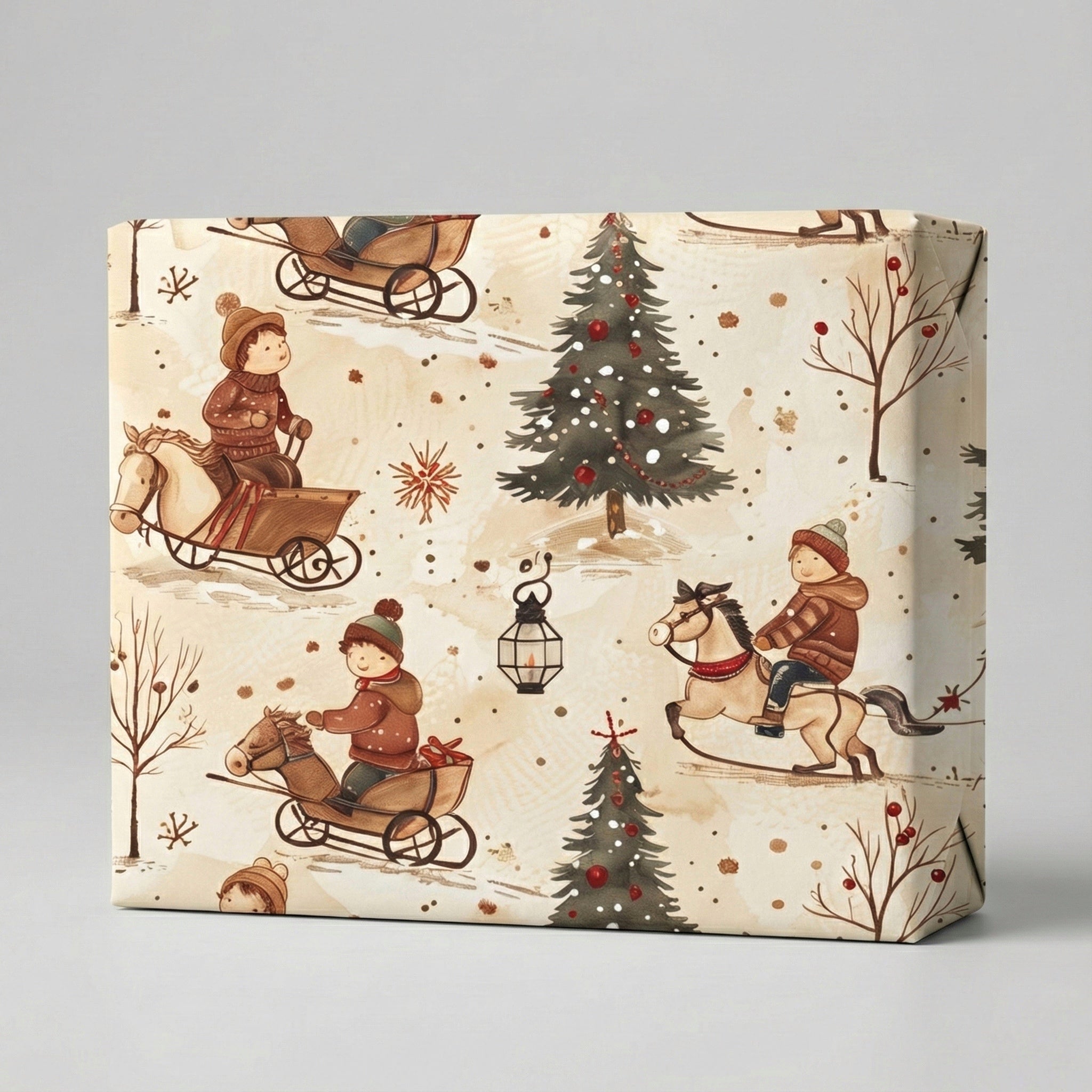 Christmas Kids Sledding Gift Wrap Roll — Vintage Holiday Tree & Horse Pattern
