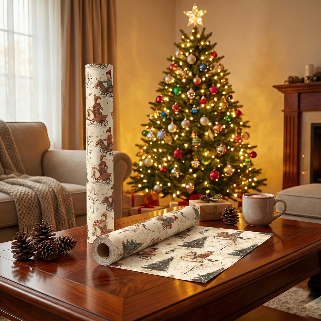 Christmas Kids Sledding Gift Wrap Roll — Vintage Holiday Tree & Horse Pattern