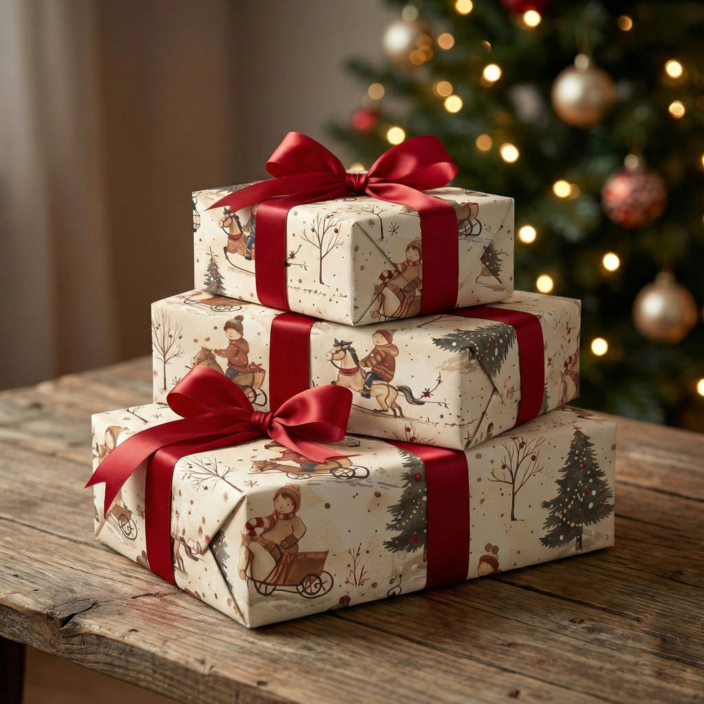 Christmas Kids Sledding Gift Wrap Roll — Vintage Holiday Tree & Horse Pattern