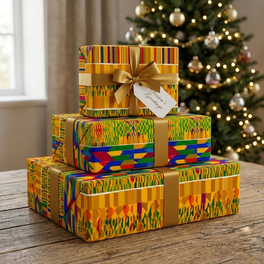 Kente-Inspired African Pattern Wrapping Paper Roll — Vibrant Gold & Multicolor Gift Wrap