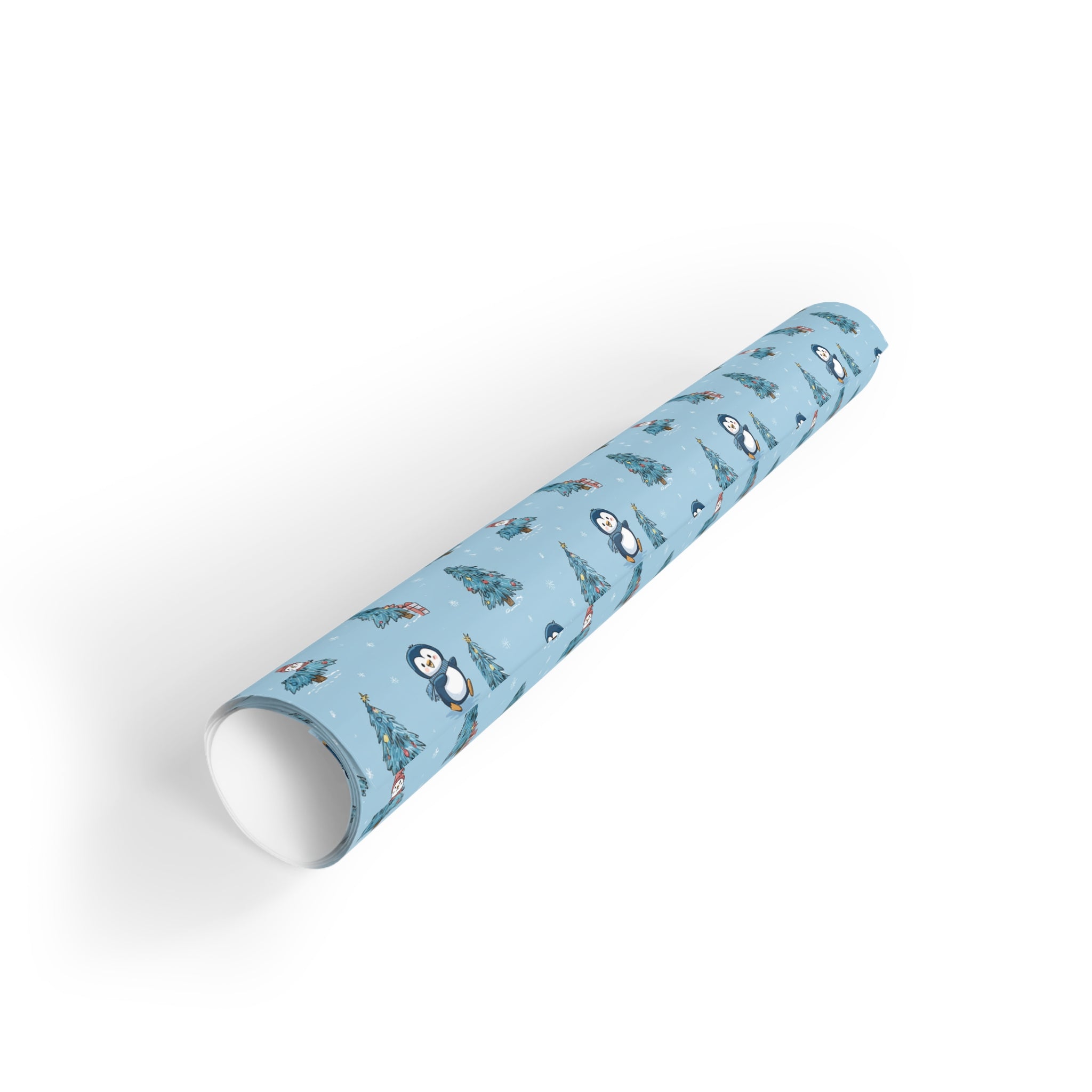 Penguin & Pine Tree Wrapping Paper Roll — Blue Holiday Gift Wrap