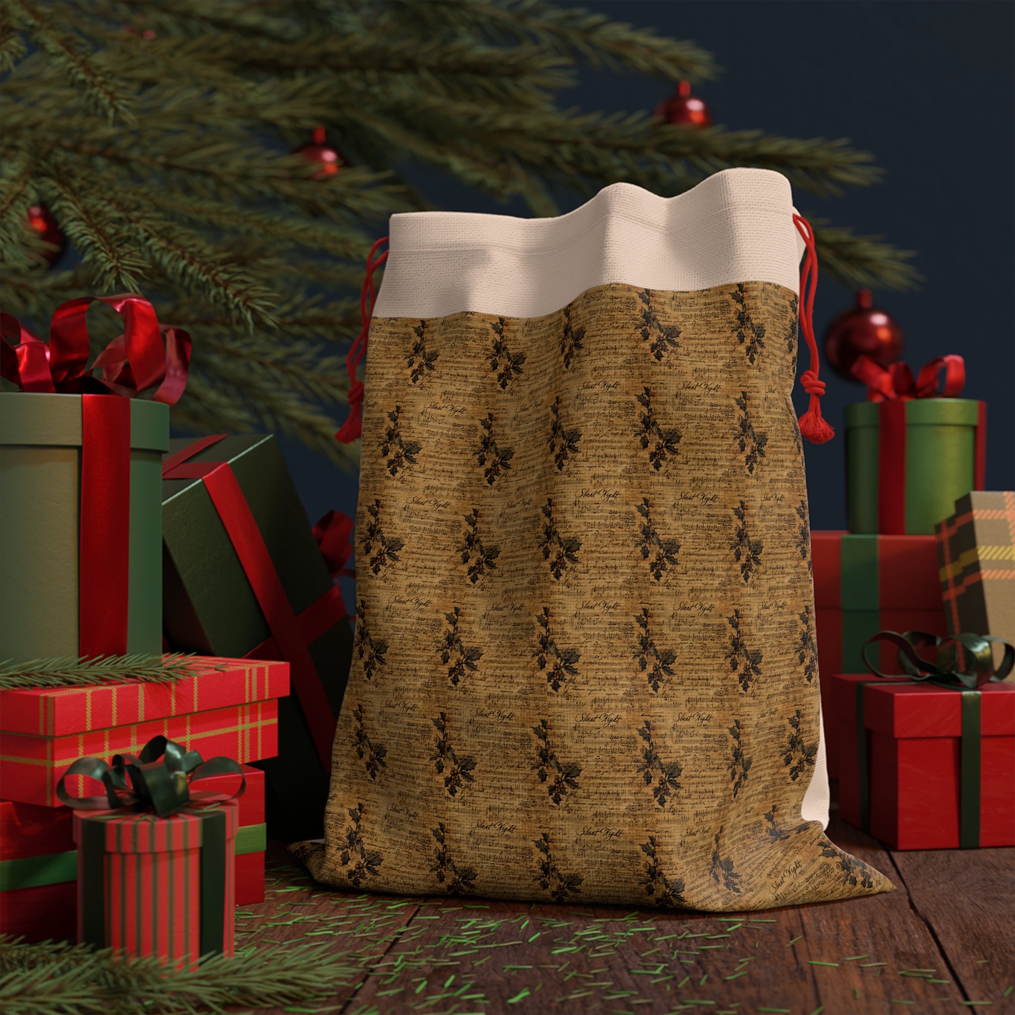 Vintage Botanical Gift Bag — Rustic Floral Drawstring Pouch for Holidays & Special Occasions
