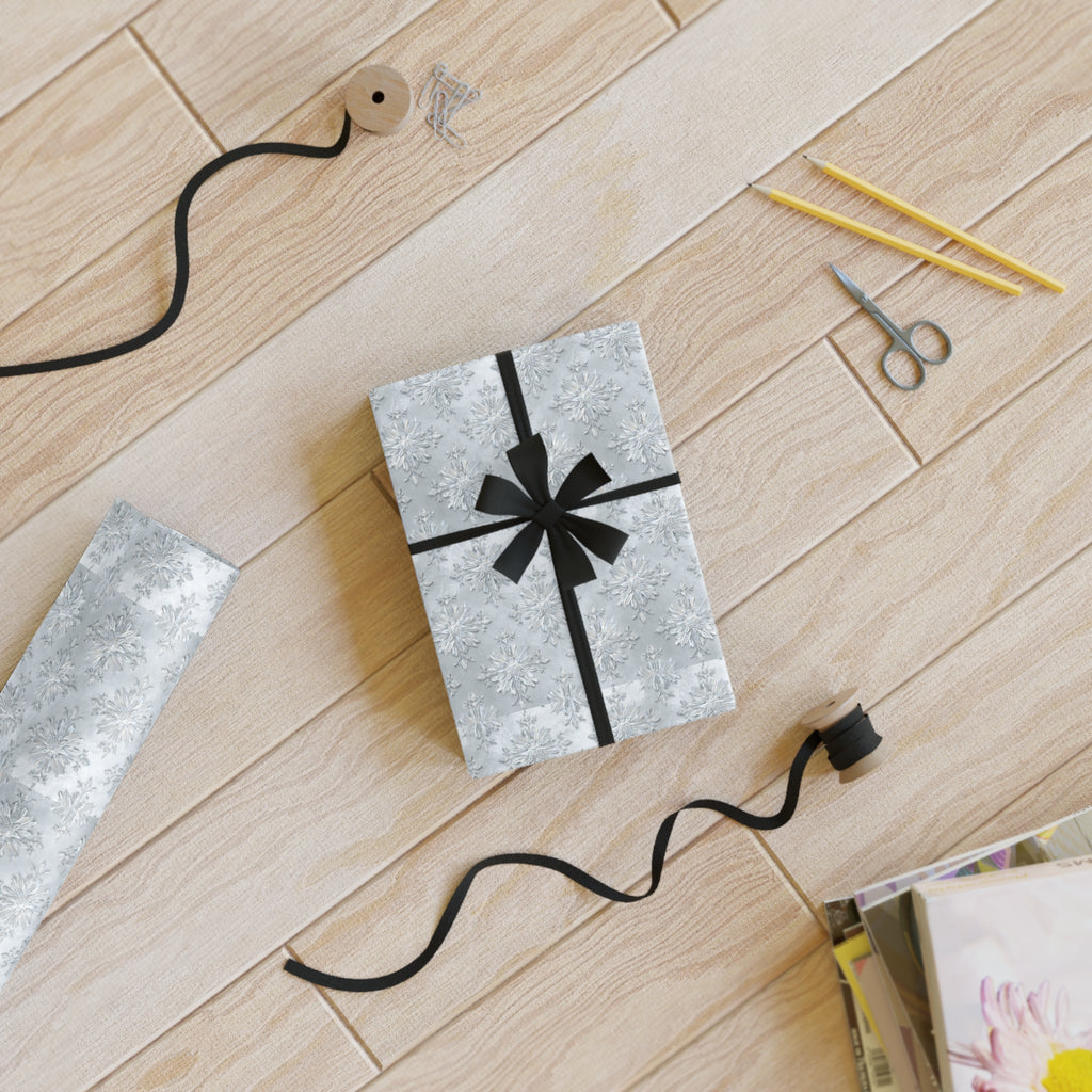 Silver Snowflake Wrapping Paper Roll — Winter Holiday Gift Wrap