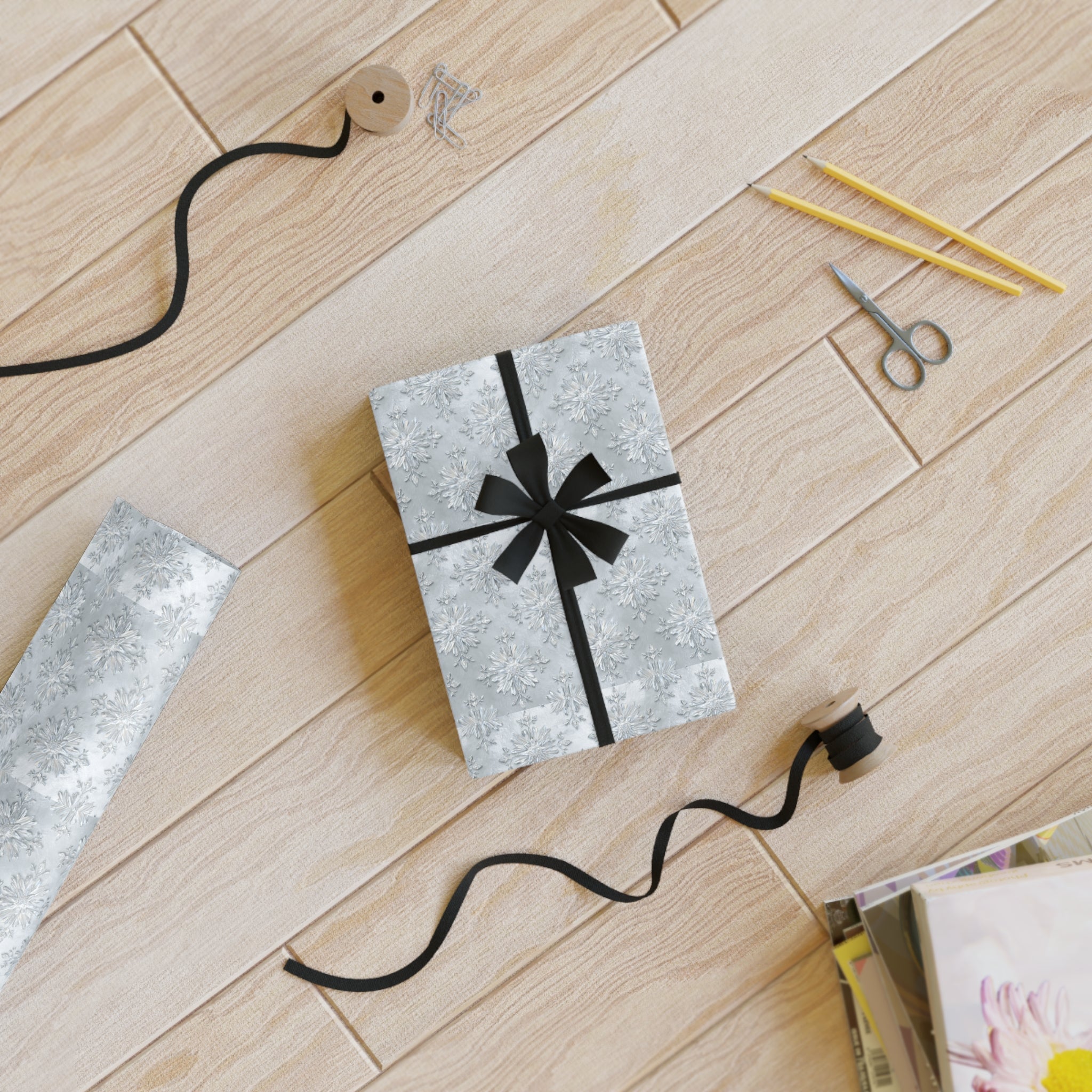 Silver Snowflake Wrapping Paper Roll — Winter Holiday Gift Wrap