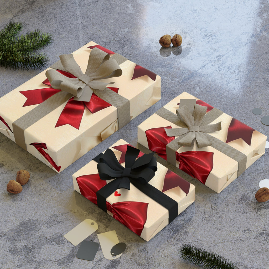 Festive Red & Cream Bow Gift Wrap Roll — Holiday Wrapping Paper with Ribbon Pattern