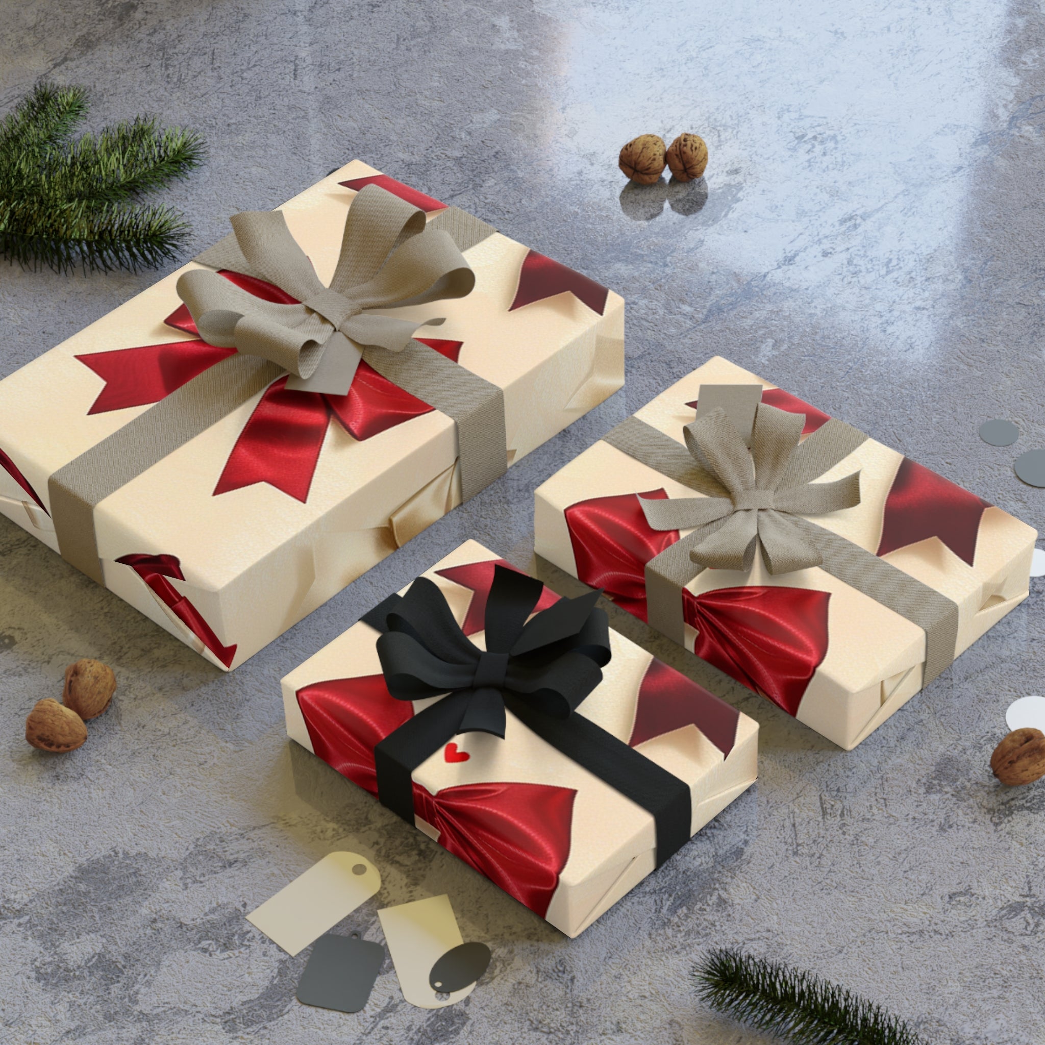 Festive Red & Cream Bow Gift Wrap Roll — Holiday Wrapping Paper with Ribbon Pattern