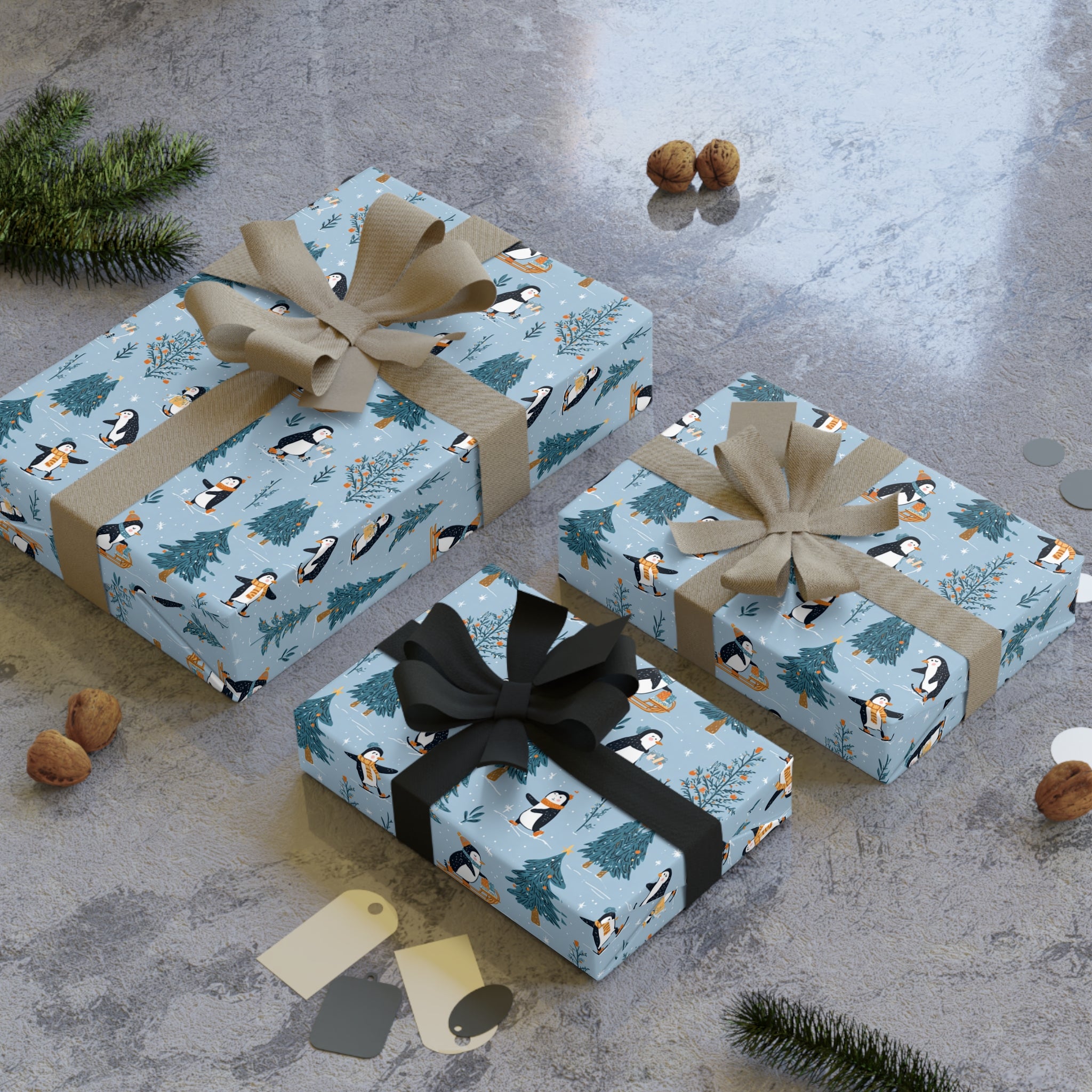 Winter Penguin Gift Wrap Roll — Blue Holiday Wrapping Paper with Penguins & Pine Trees