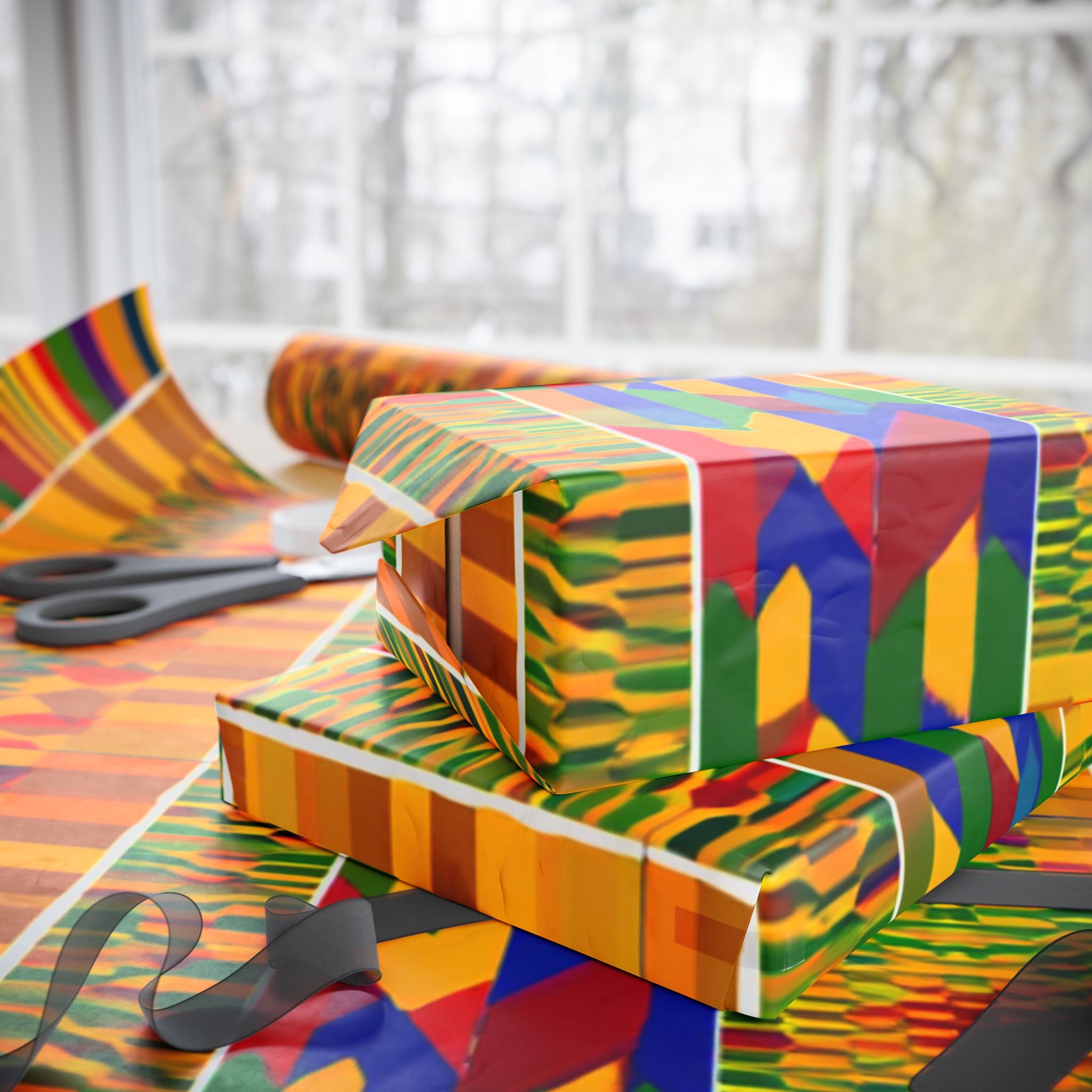 Kente-Inspired African Pattern Wrapping Paper Roll — Vibrant Gold & Multicolor Gift Wrap