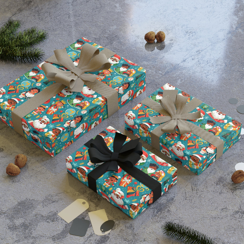 Christmas Santa & Elf Wrapping Paper Roll — Festive Teal Holiday Gift Wrap