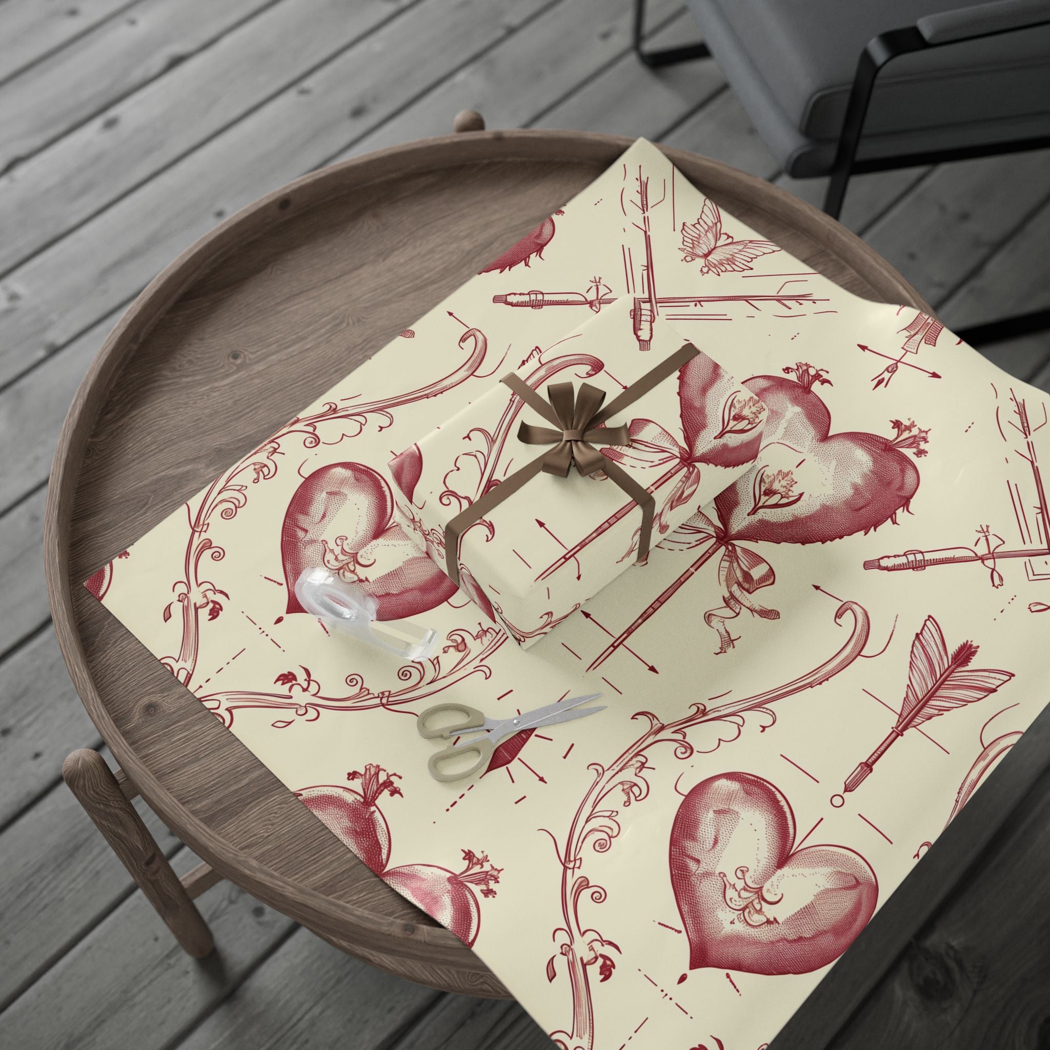 Valentine Vintage Heart & Arrow Wrapping Paper Roll — Romantic Floral Toile Gift Wrap