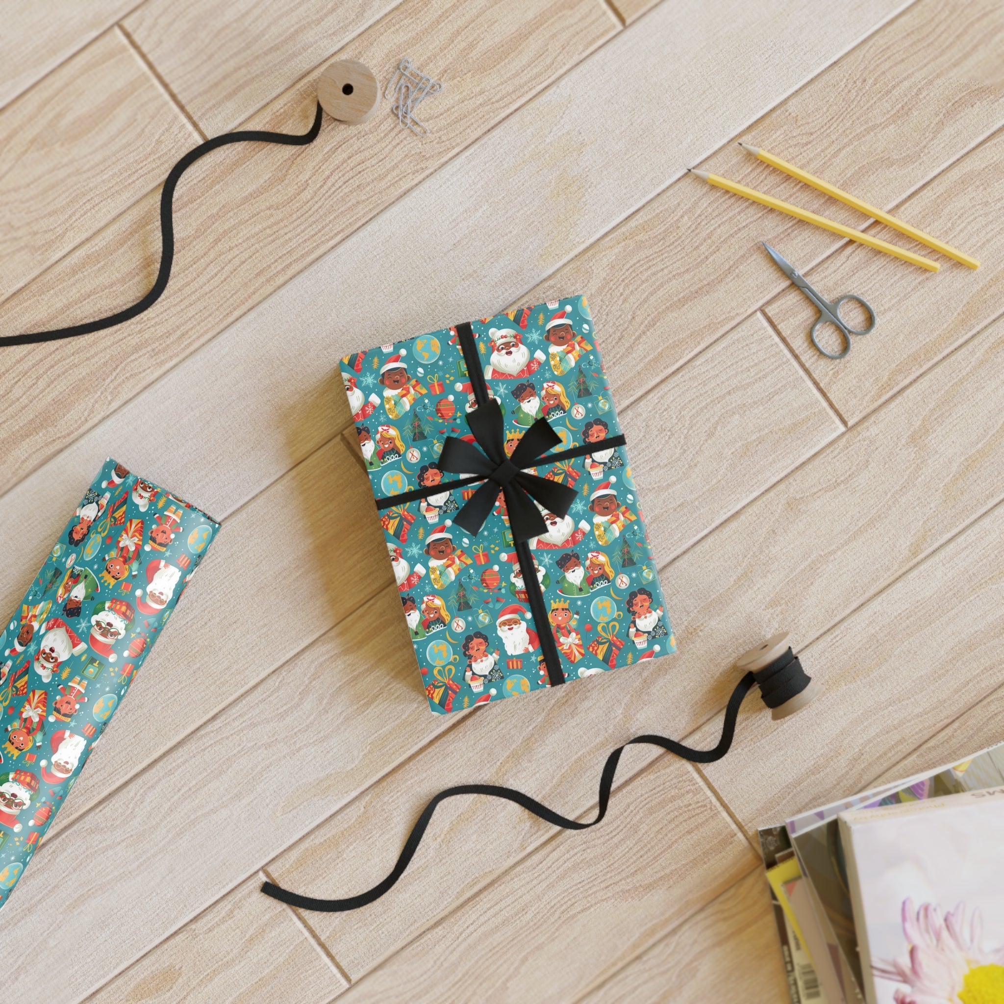 Christmas Santa & Elf Wrapping Paper Roll — Festive Teal Holiday Gift Wrap