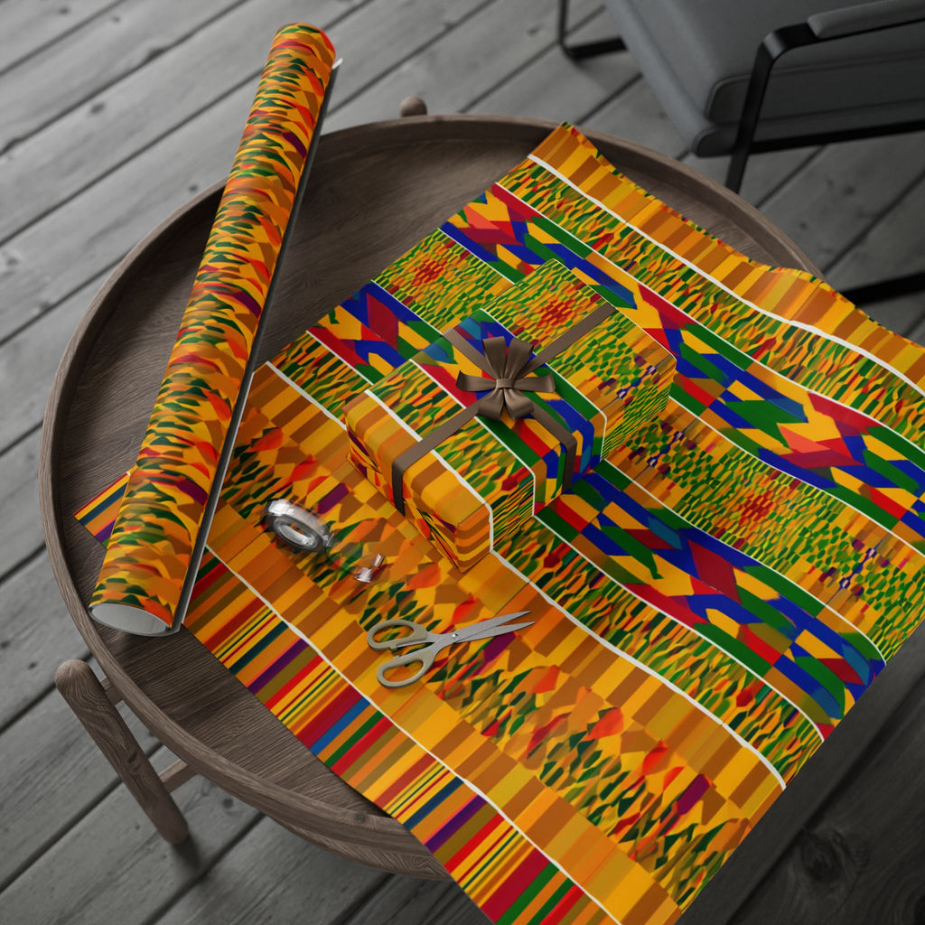 Kente-Inspired African Pattern Wrapping Paper Roll — Vibrant Gold & Multicolor Gift Wrap