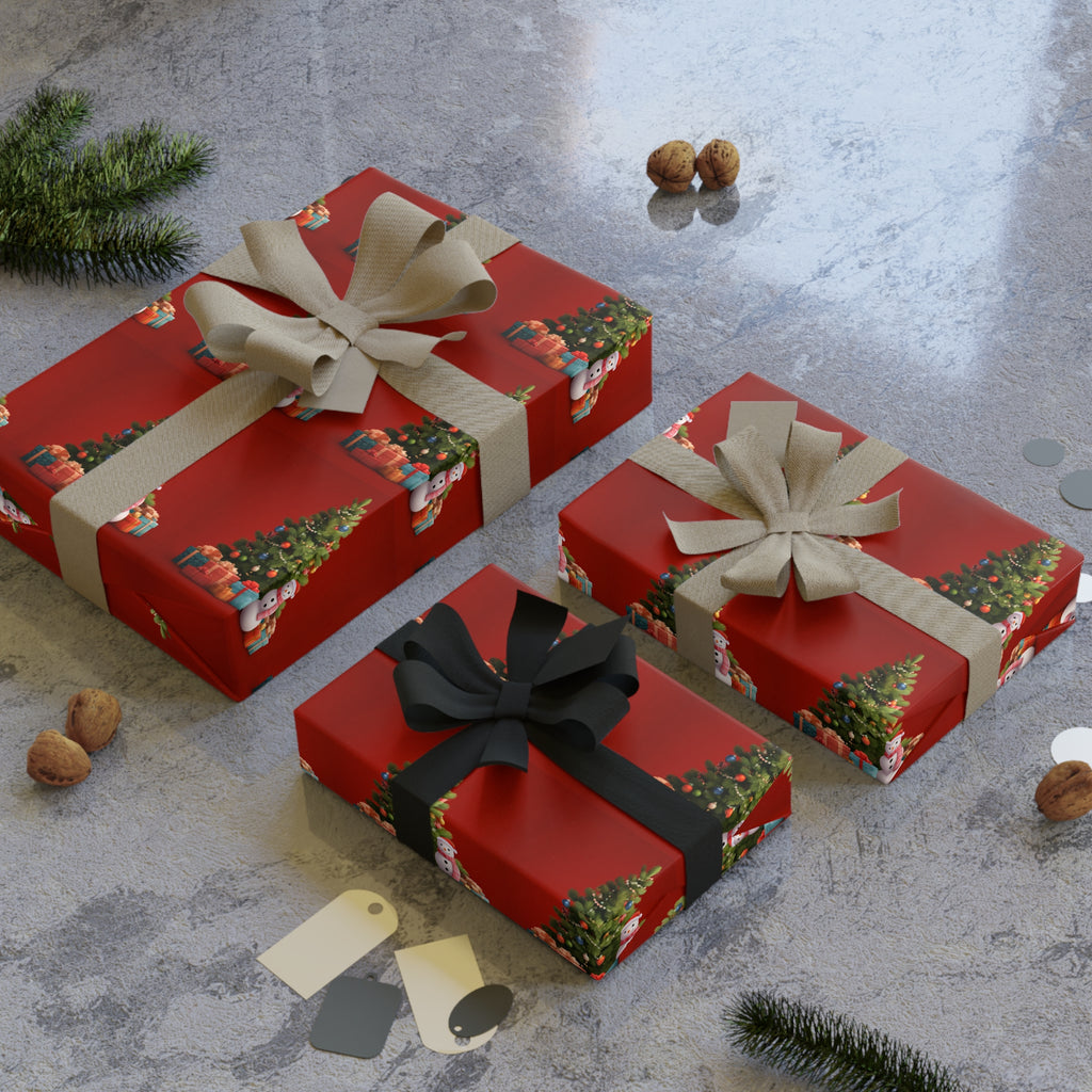Christmas Tree Red Gift Wrap Roll — Holiday Wrapping Paper with Ornaments
