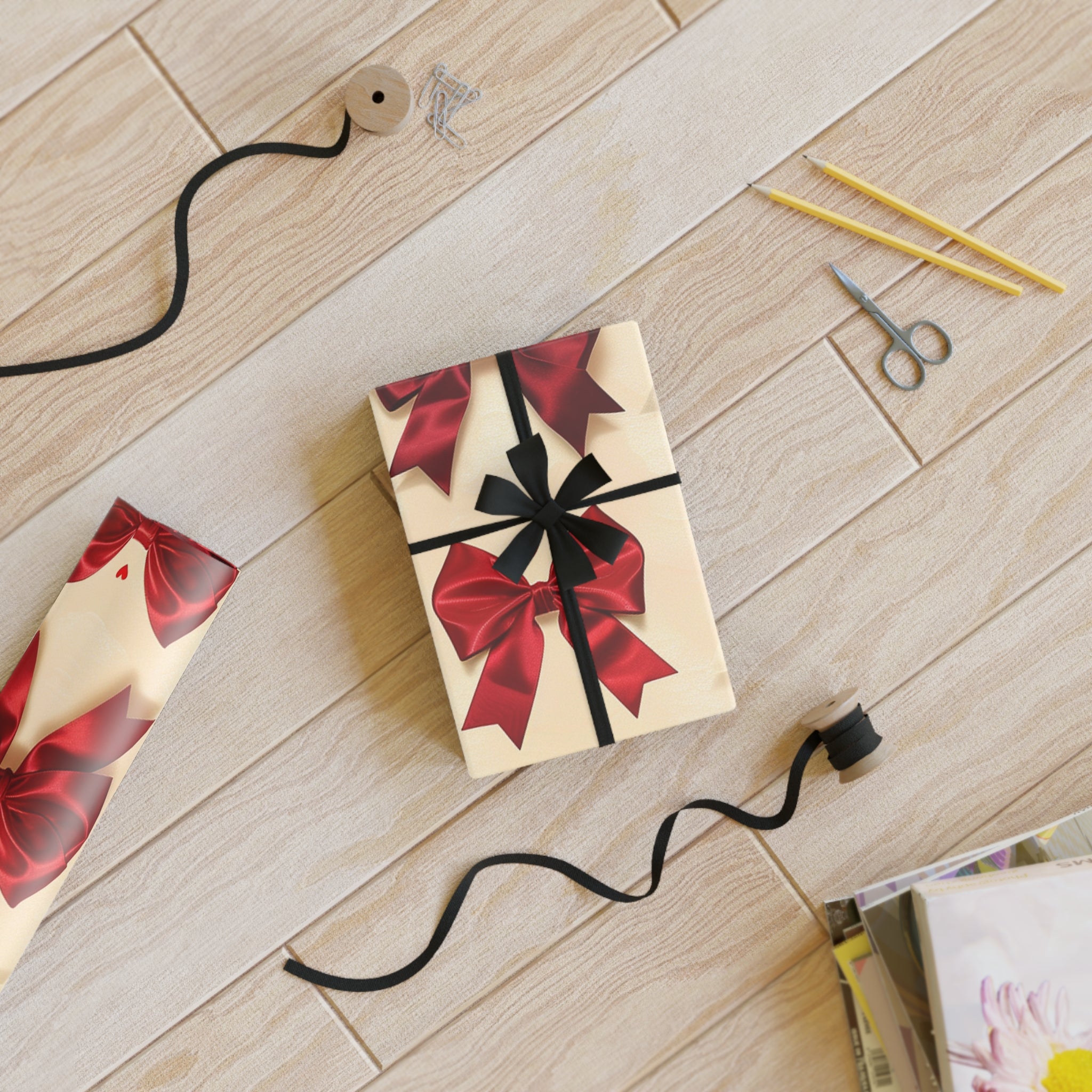 Festive Red & Cream Bow Gift Wrap Roll — Holiday Wrapping Paper with Ribbon Pattern