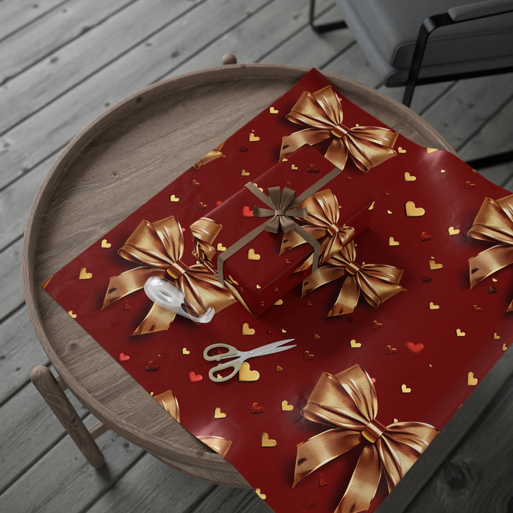 Red Gold Bow Wrapping Paper – Heart Pattern Holiday Gift Wrap
