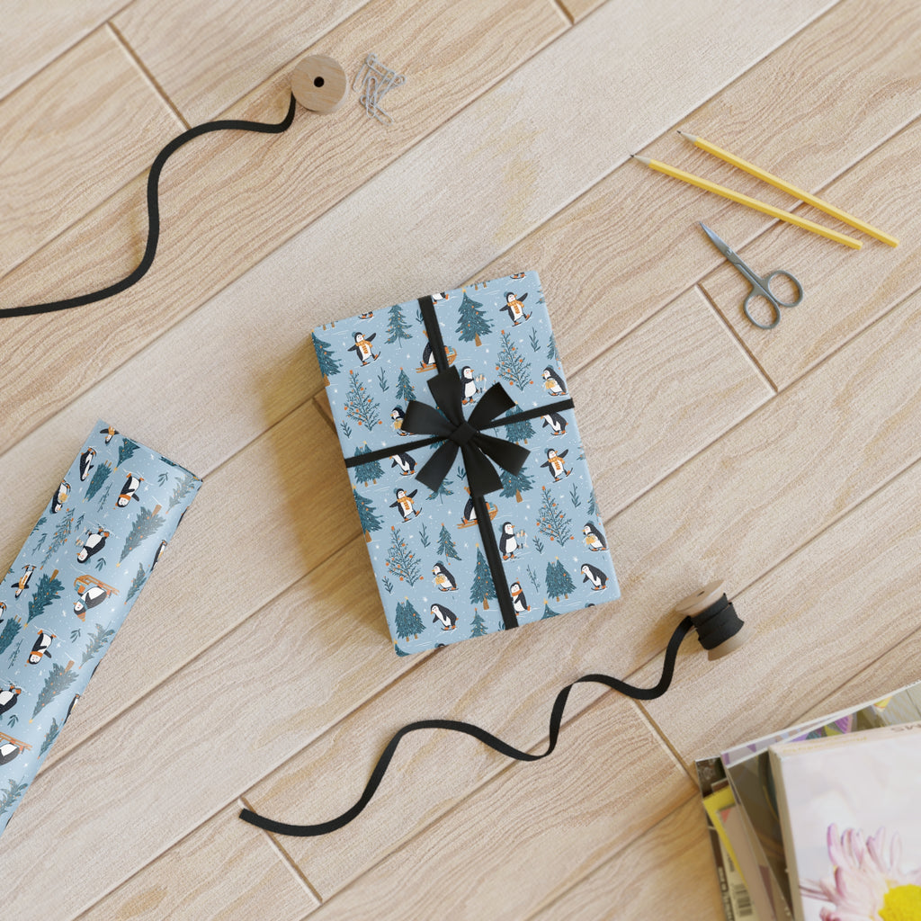 Winter Penguin Gift Wrap Roll — Blue Holiday Wrapping Paper with Penguins & Pine Trees